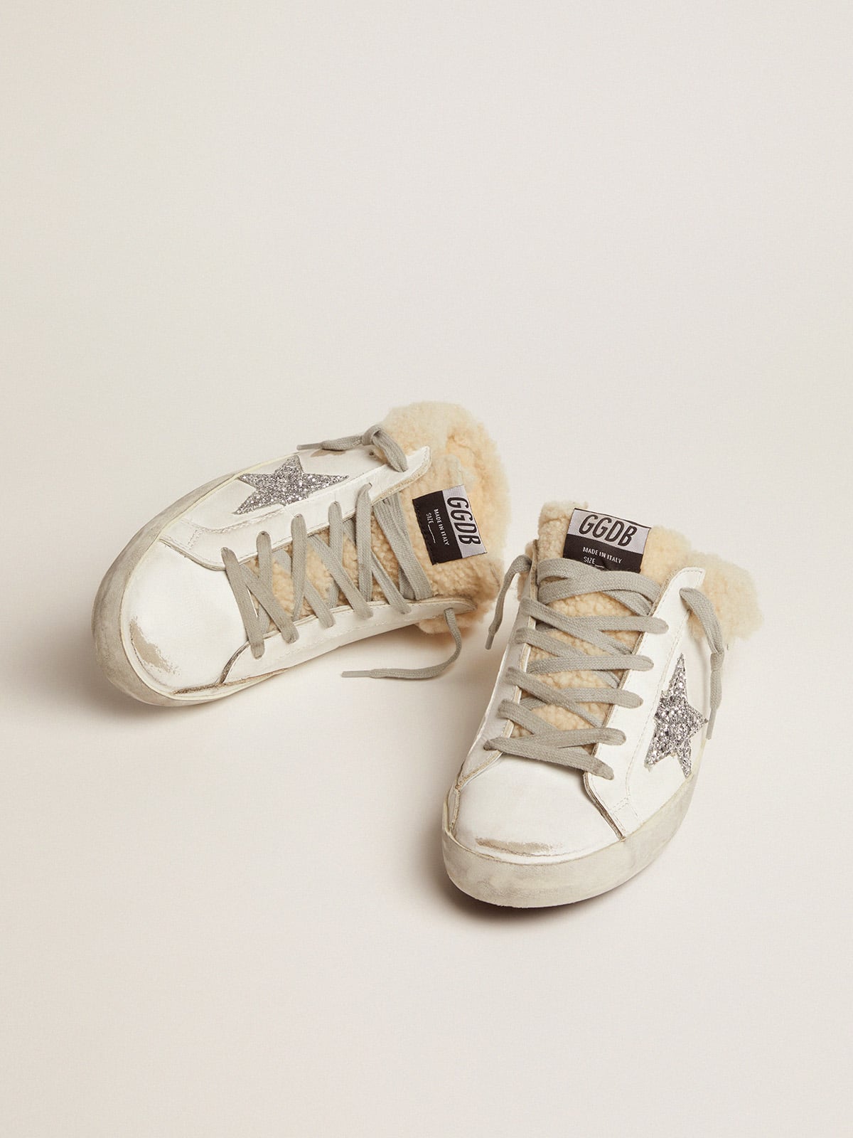 Golden Goose Womens Super-Star Sabot In White Leather And Shearling Lining Womens