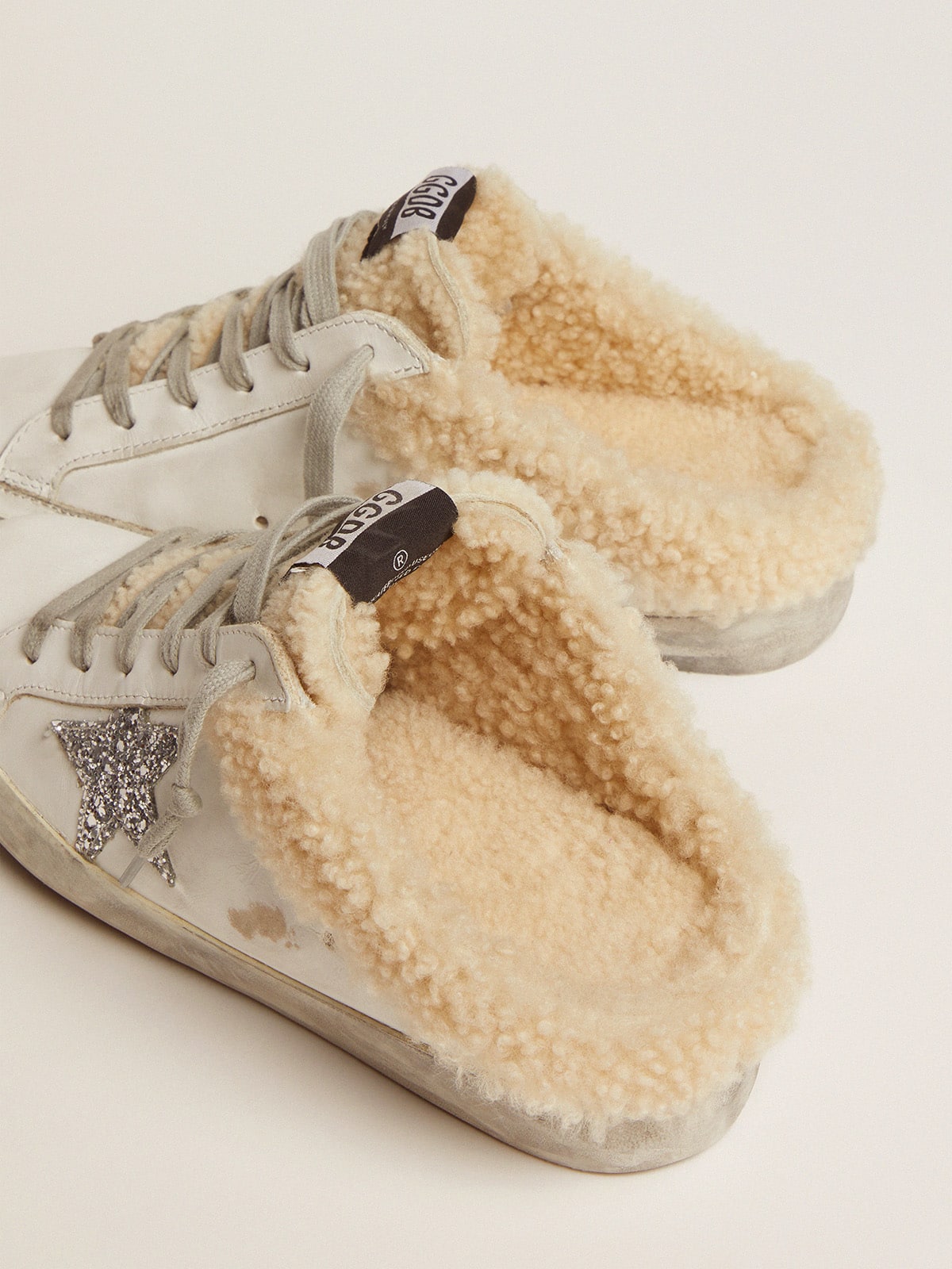 Golden Goose Womens Super-Star Sabot In White Leather And Shearling Lining Womens