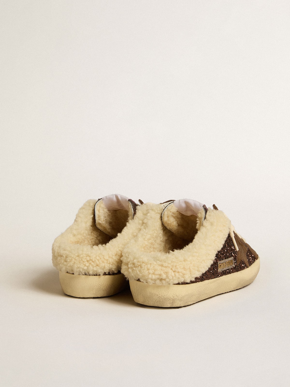 Golden Goose Super-Star Sabots In Glitter With Brown Star And Shearling Lining Womens