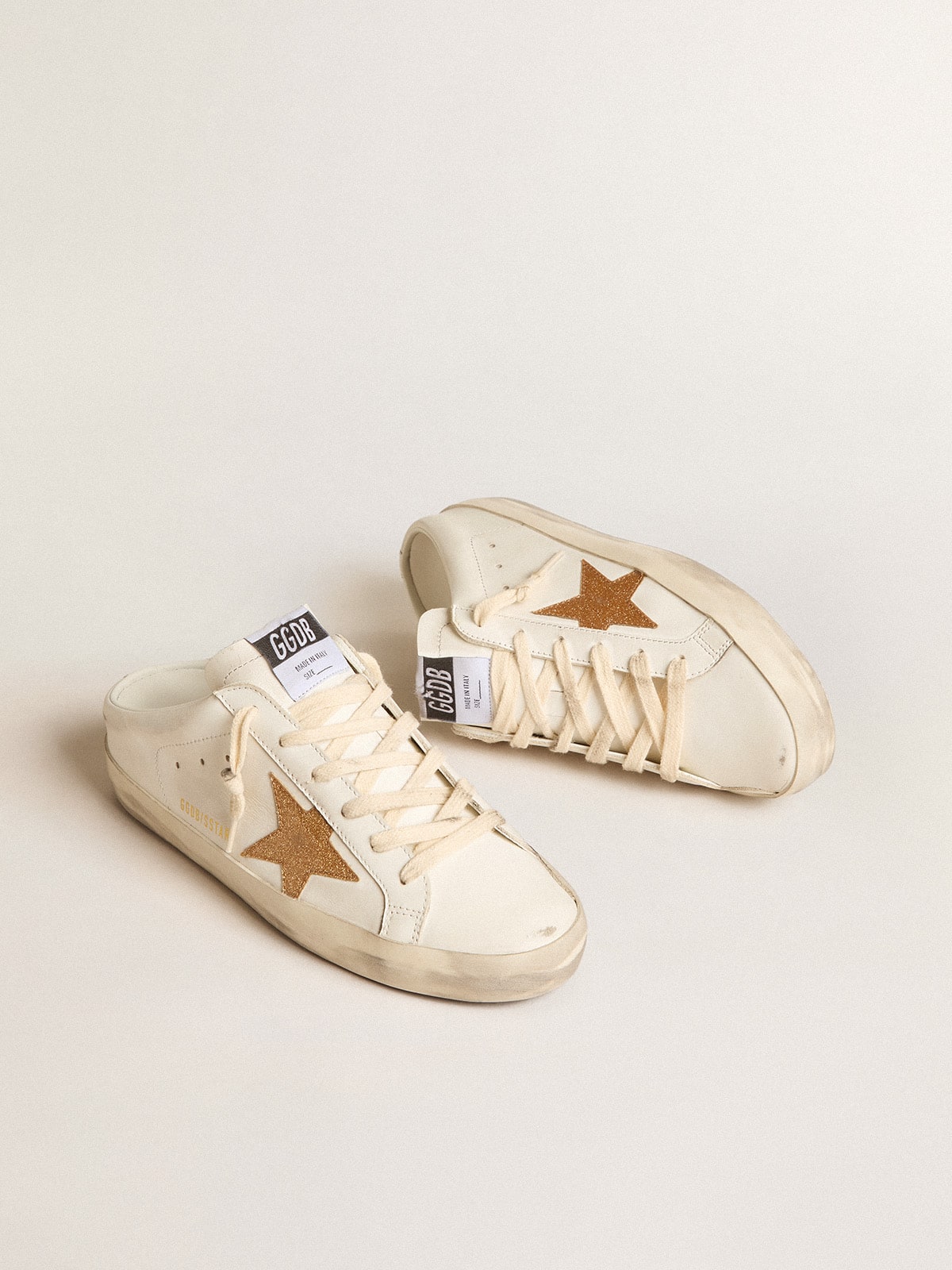 Golden Goose Super-Star Sabots In Leather With Plasticized Gold Glitter Star Womens