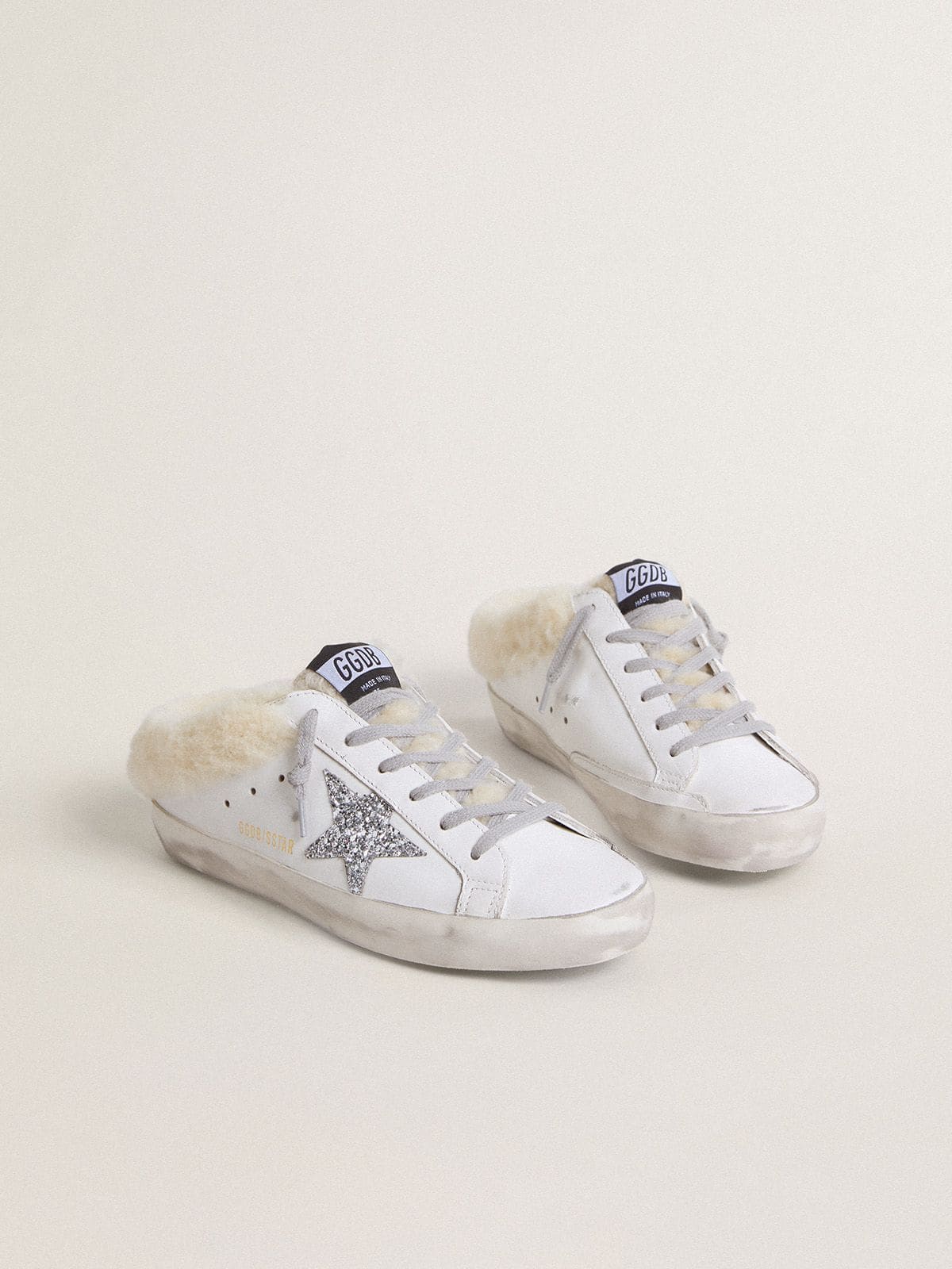 Golden Goose Super-Star Sabots In White Leather With Shearling Lining And Silver Star Womens