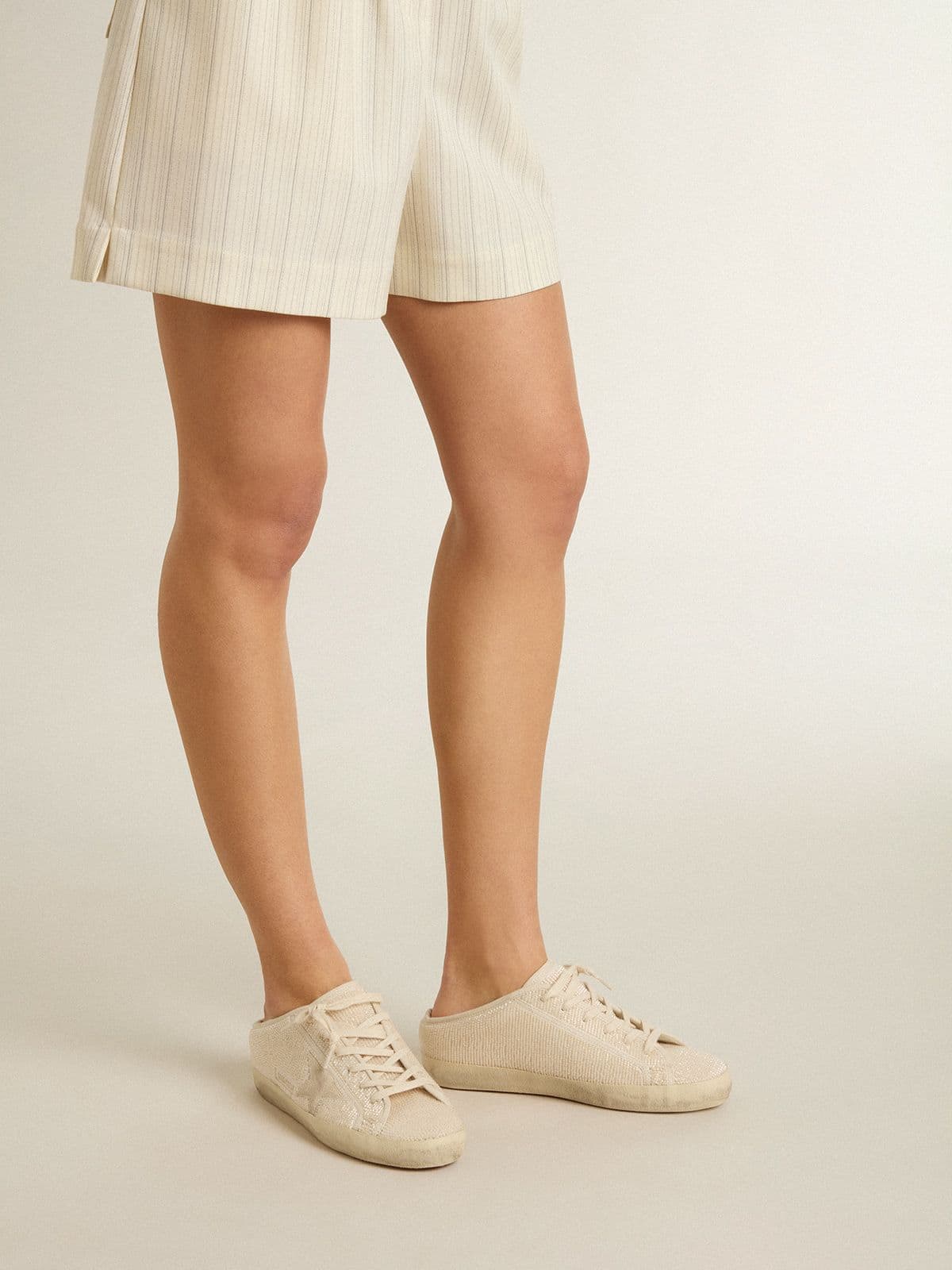 Golden Goose Womens Super-Star Sabot In Beige Canvas With Embroidered Beads And Beige Suede Star Womens