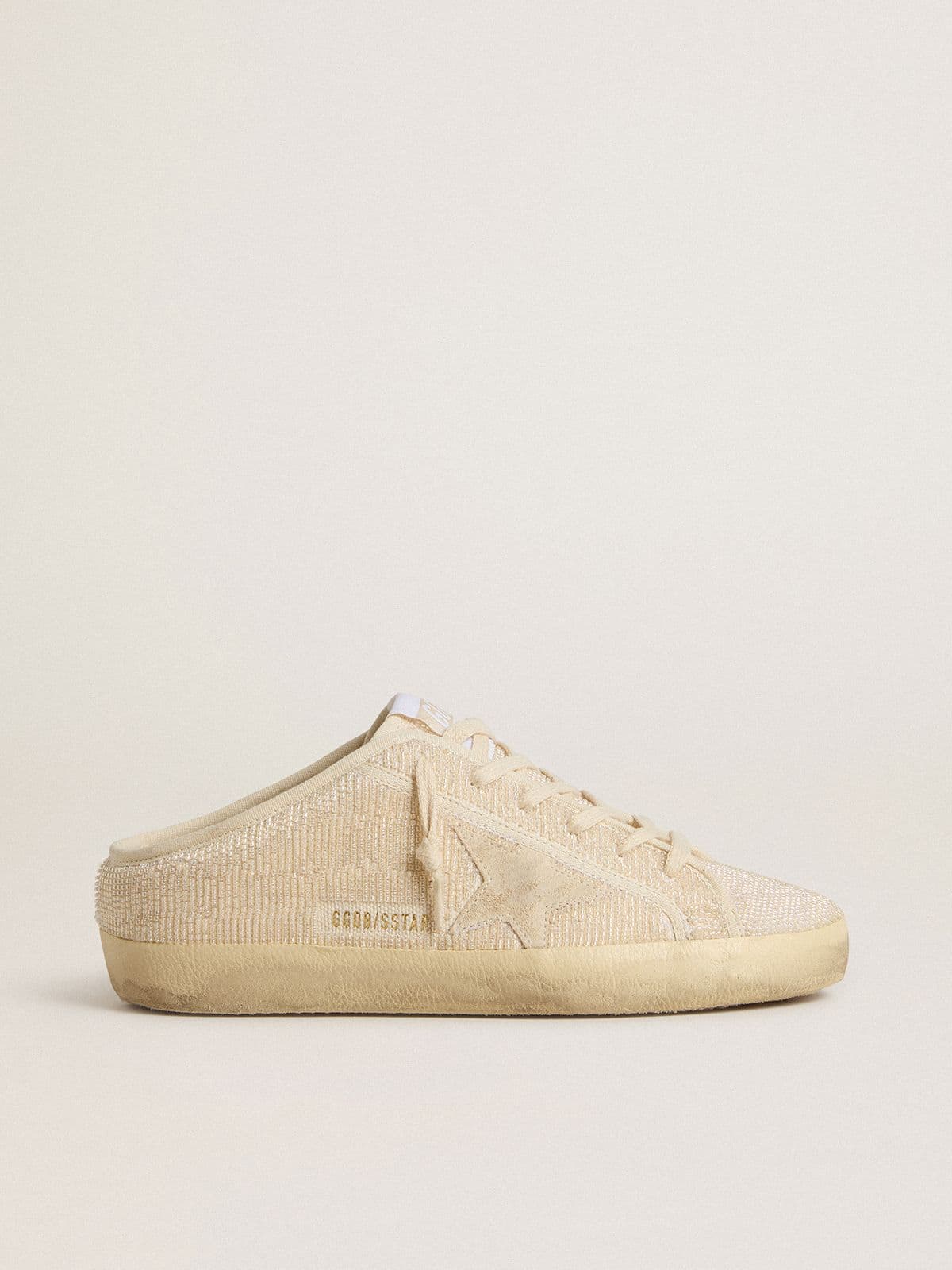 Golden Goose Womens Super-Star Sabot In Beige Canvas With Embroidered Beads And Beige Suede Star Womens