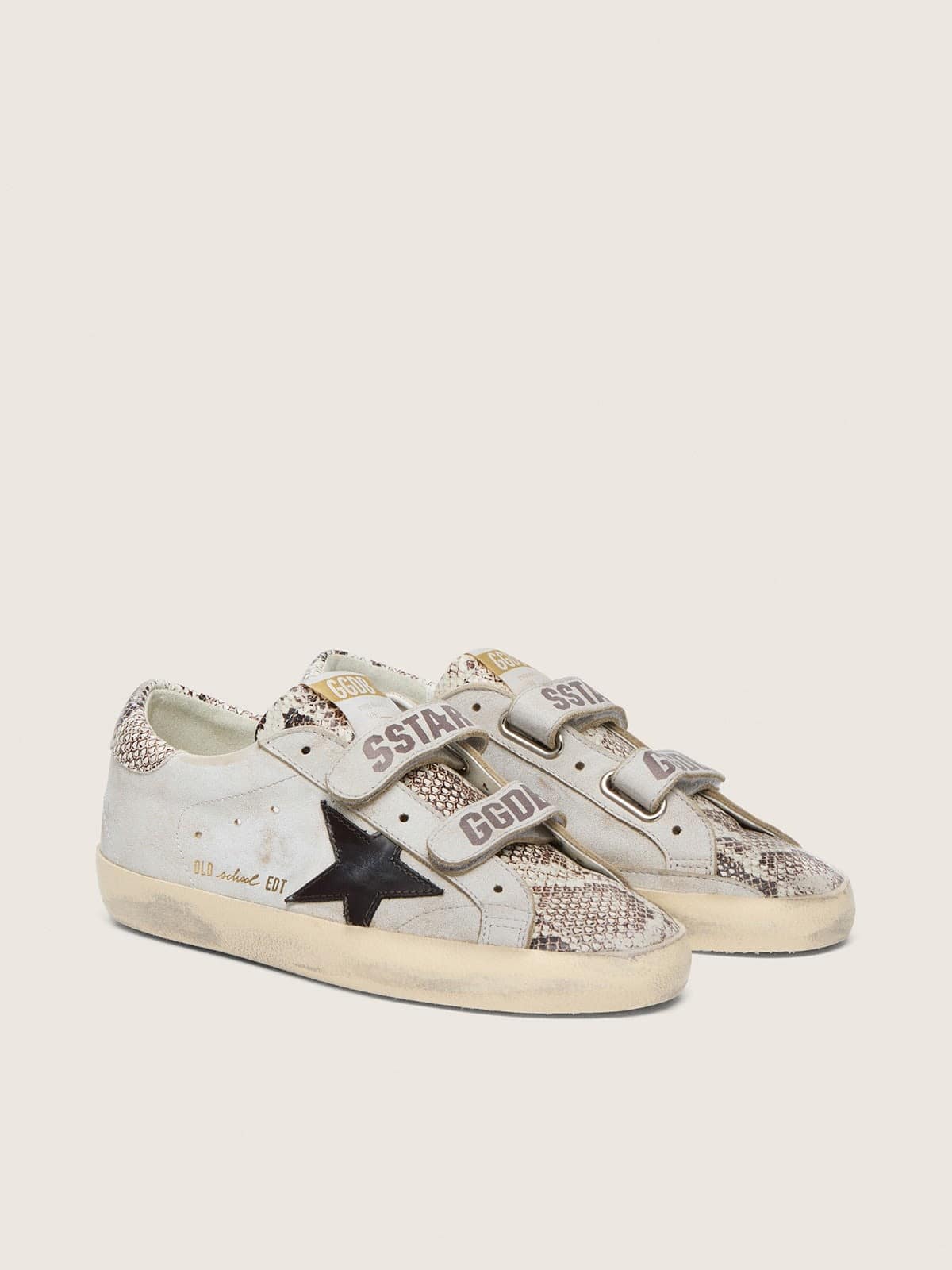 Golden Goose Womens Old School In White Leather With Black Leather Star And Snake-Print Inserts Womens