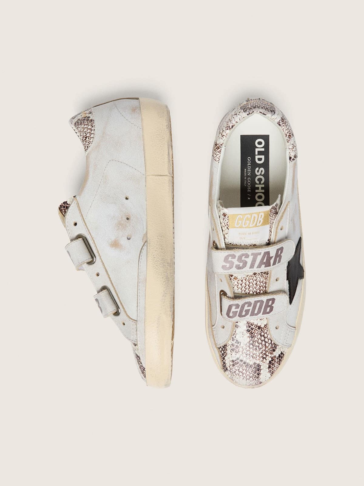 Golden Goose Womens Old School In White Leather With Black Leather Star And Snake-Print Inserts Womens
