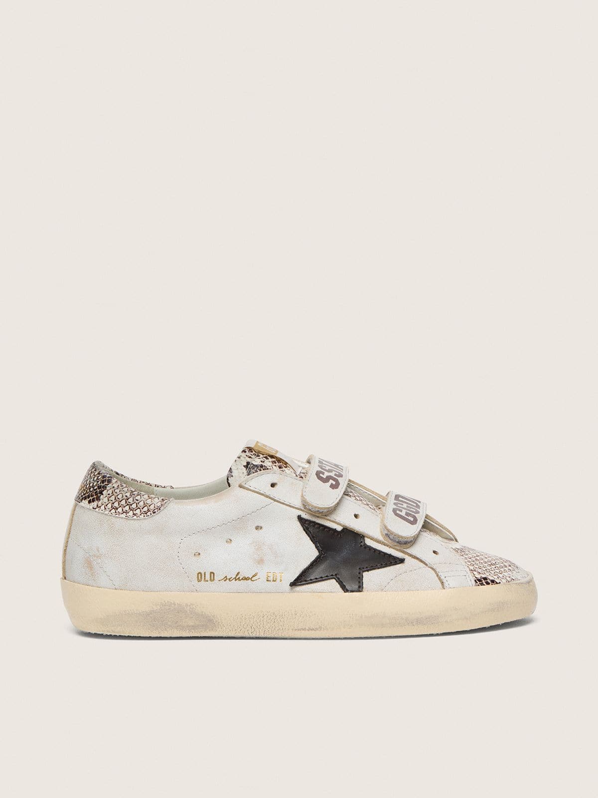 Golden Goose Womens Old School In White Leather With Black Leather Star And Snake-Print Inserts Womens