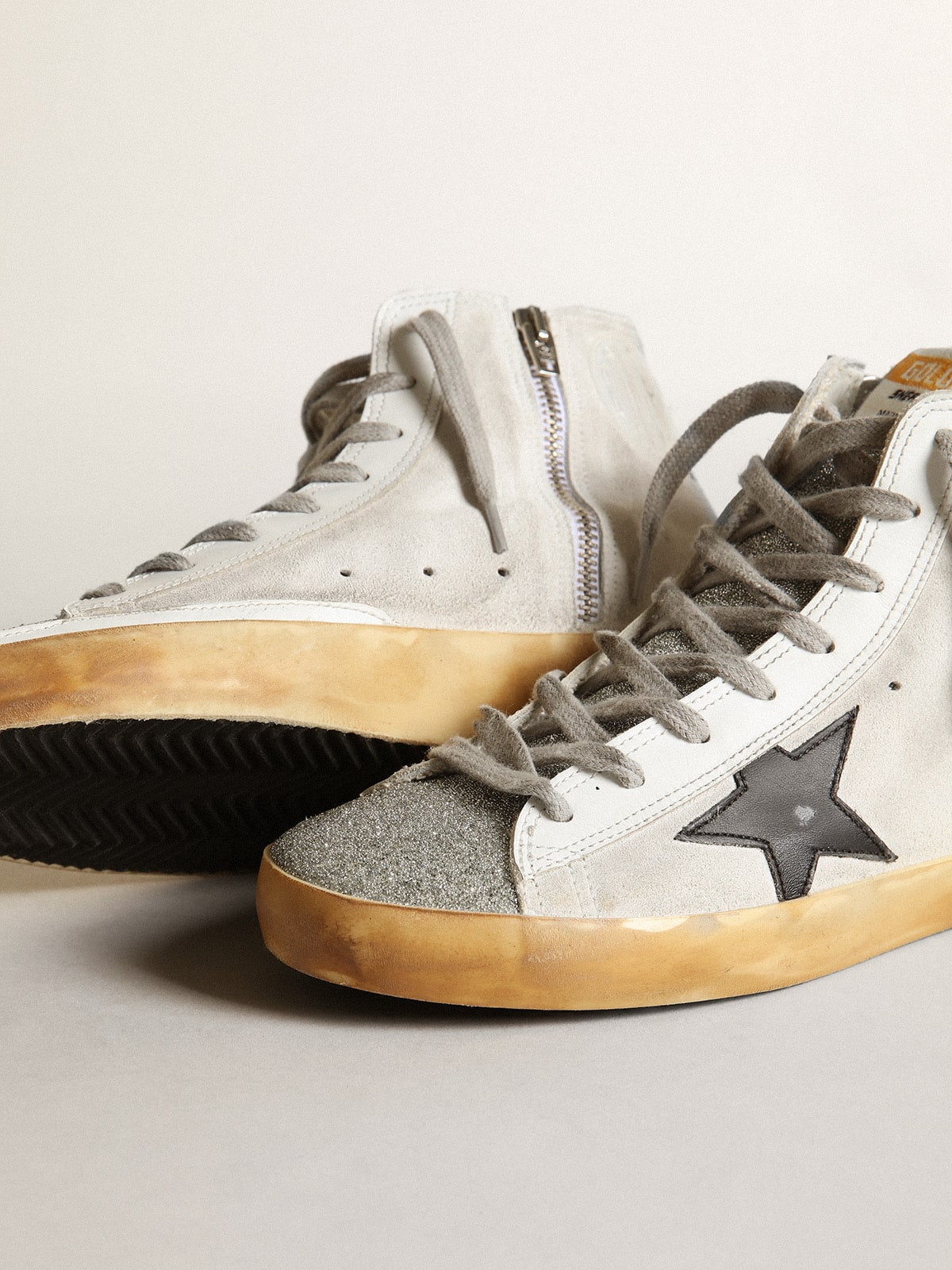 Golden Goose Womens Francy In White Suede With Black Leather Star And Silver Swarovski Crystal Tongue Womens