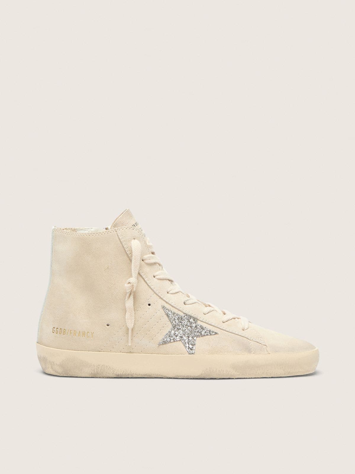 Golden Goose Womens Francy In Beige Suede With Silver Glitter Star Womens
