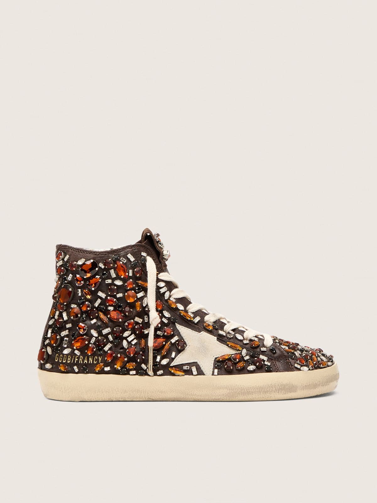 Golden Goose Womens Francy In Dark Brown Leather With Multicolor Rhinestones And White Suede Star Womens