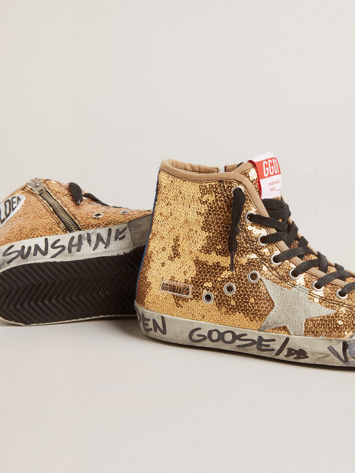 Golden Goose Francy Penstar In Gold Paiettes With Suede Star And Bright Blue Heel Tab Womens
