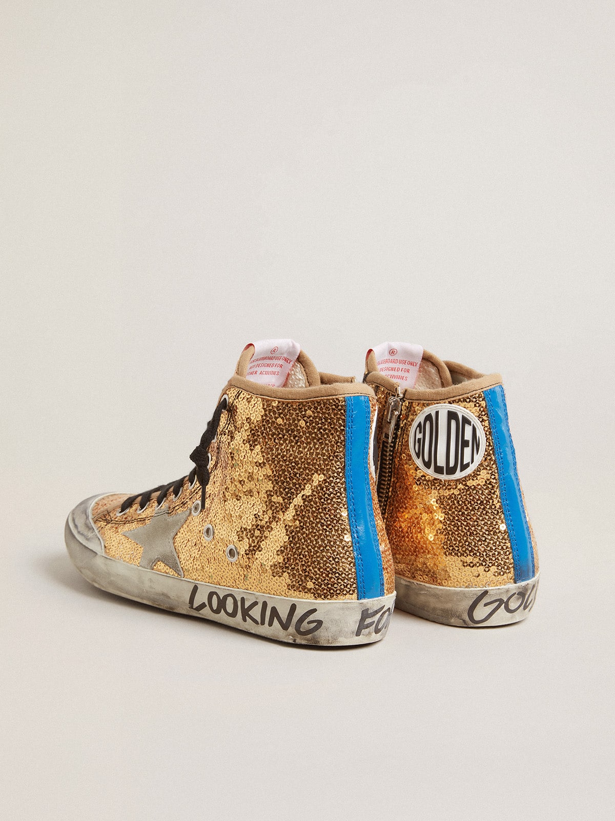 Golden Goose Francy Penstar In Gold Paiettes With Suede Star And Bright Blue Heel Tab Womens