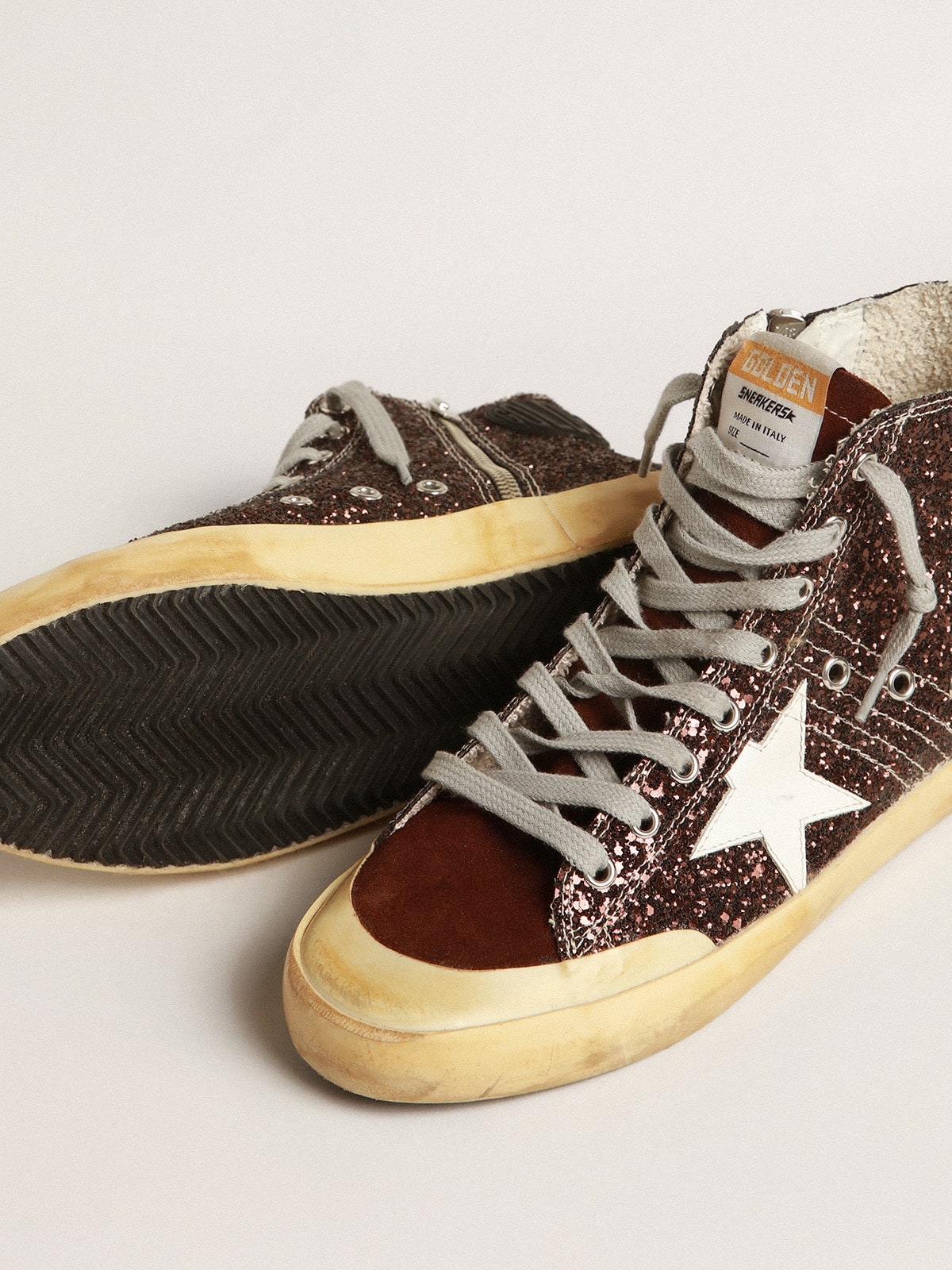 Golden Goose Francy Penstar In Brown Glitter With White Leather Star Womens