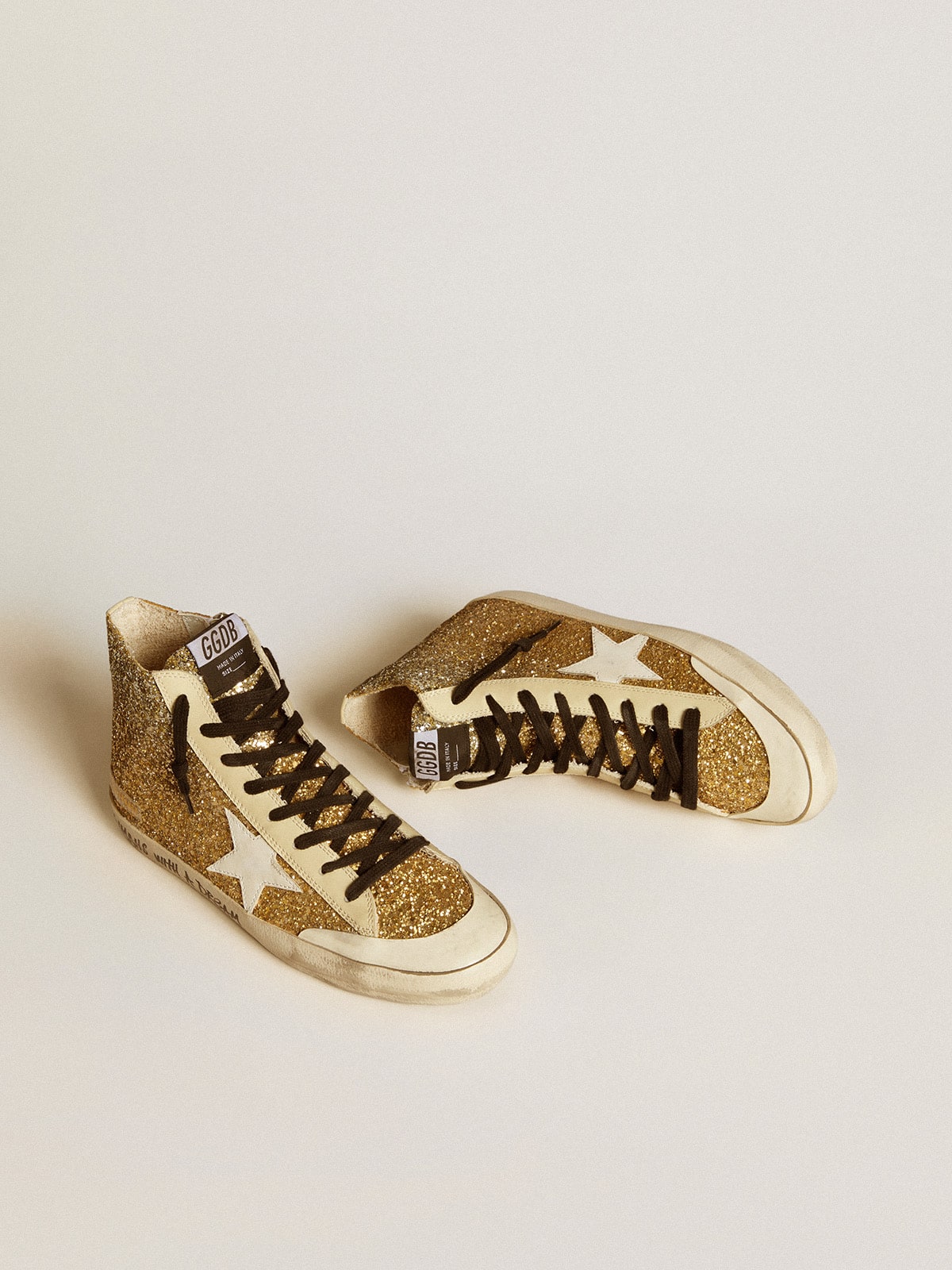Golden Goose Francy Penstar In Gold Glitter With White Leather Star Womens