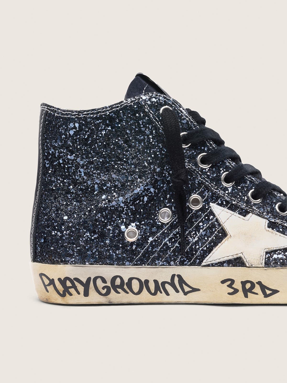 Golden Goose Womens Francy In Dark Blue Glitter With White Star Womens