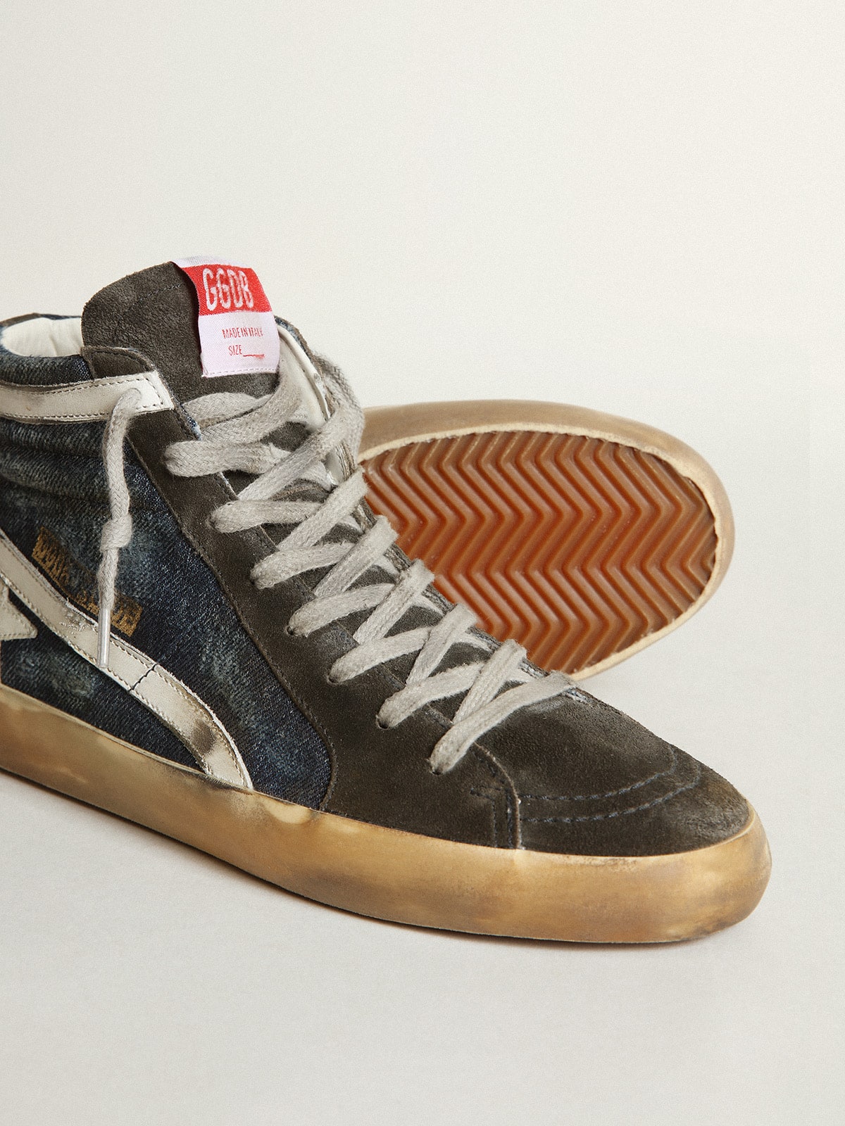 Golden Goose Slide In Midnight-Blue Denim With White Leather Star Womens