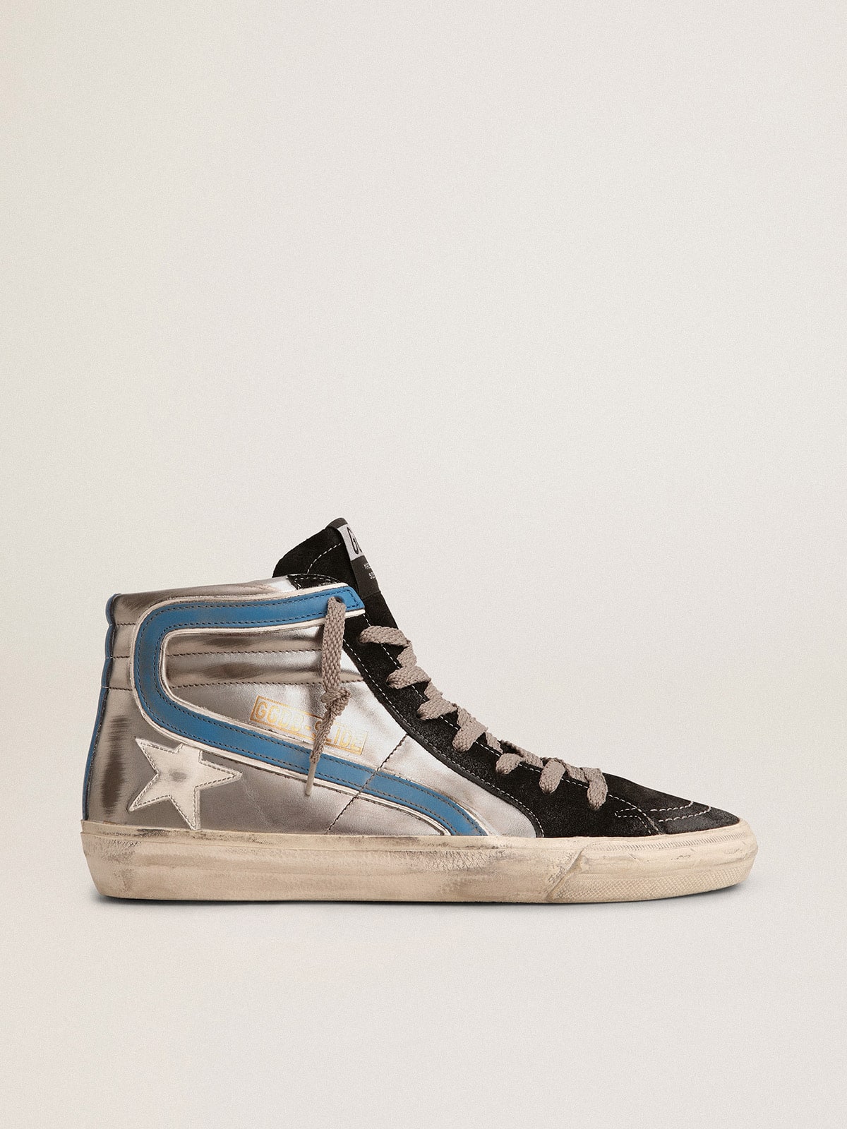 Golden Goose Slide In Silver Metallic Leather With White Leather Star Womens
