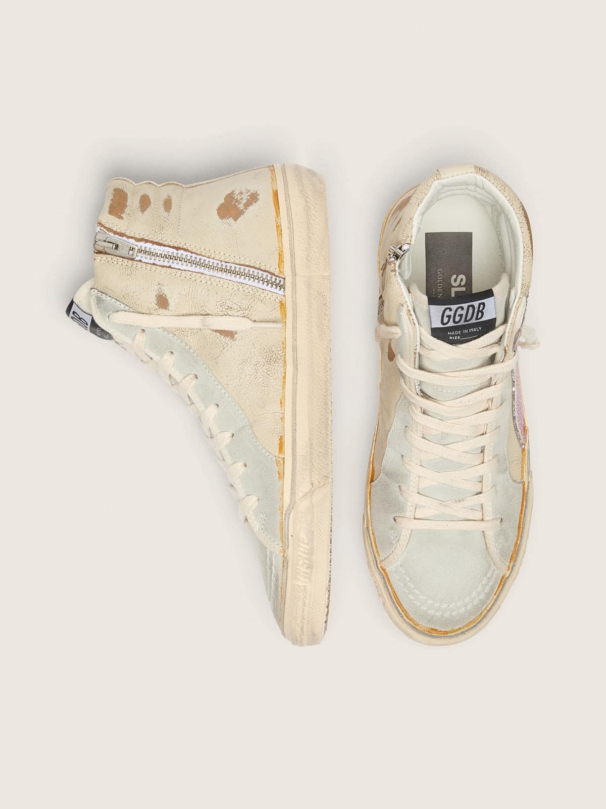 Golden Goose Slide In Beige With Pink Metallic Leather Star And Flash Womens