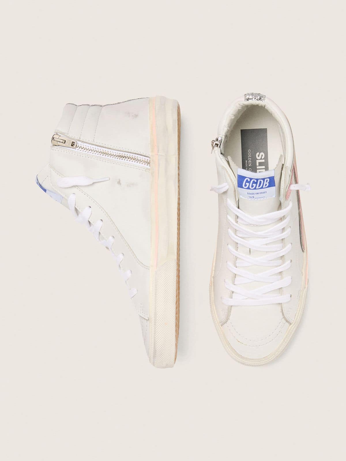 Golden Goose Womens Slide In White Leather With Silver Glitter Star And Pink Leather Flash Womens
