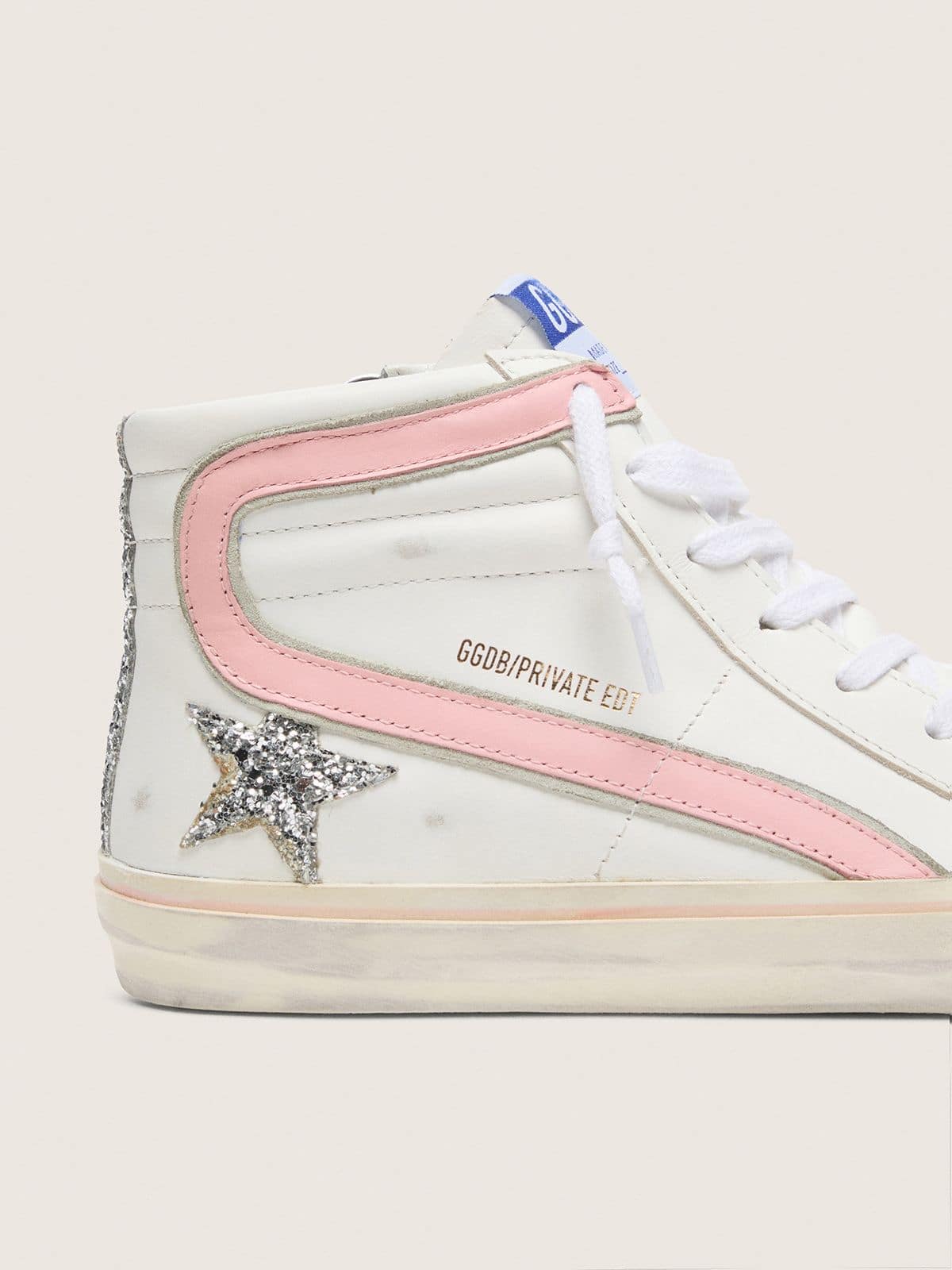 Golden Goose Womens Slide In White Leather With Silver Glitter Star And Pink Leather Flash Womens