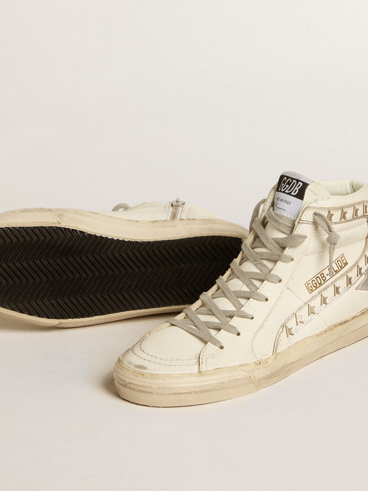 Golden Goose Slide With Silver Metallic Leather Star And Leather Flash With Stars Womens