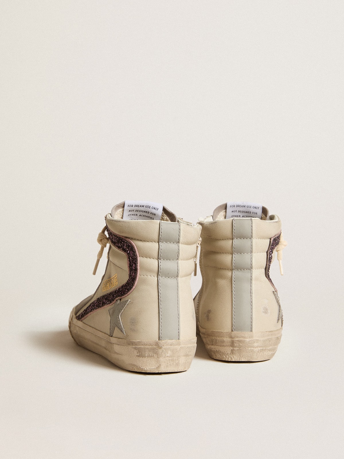 Golden Goose Slide With Gray Leather Star And Wine-Colored Glitter Flash Womens
