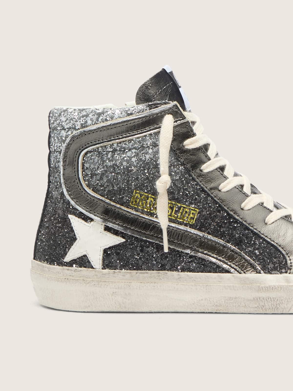 Golden Goose Womens Slide In Black And Silver Glitter With Leather Star And Metallic Flash Womens