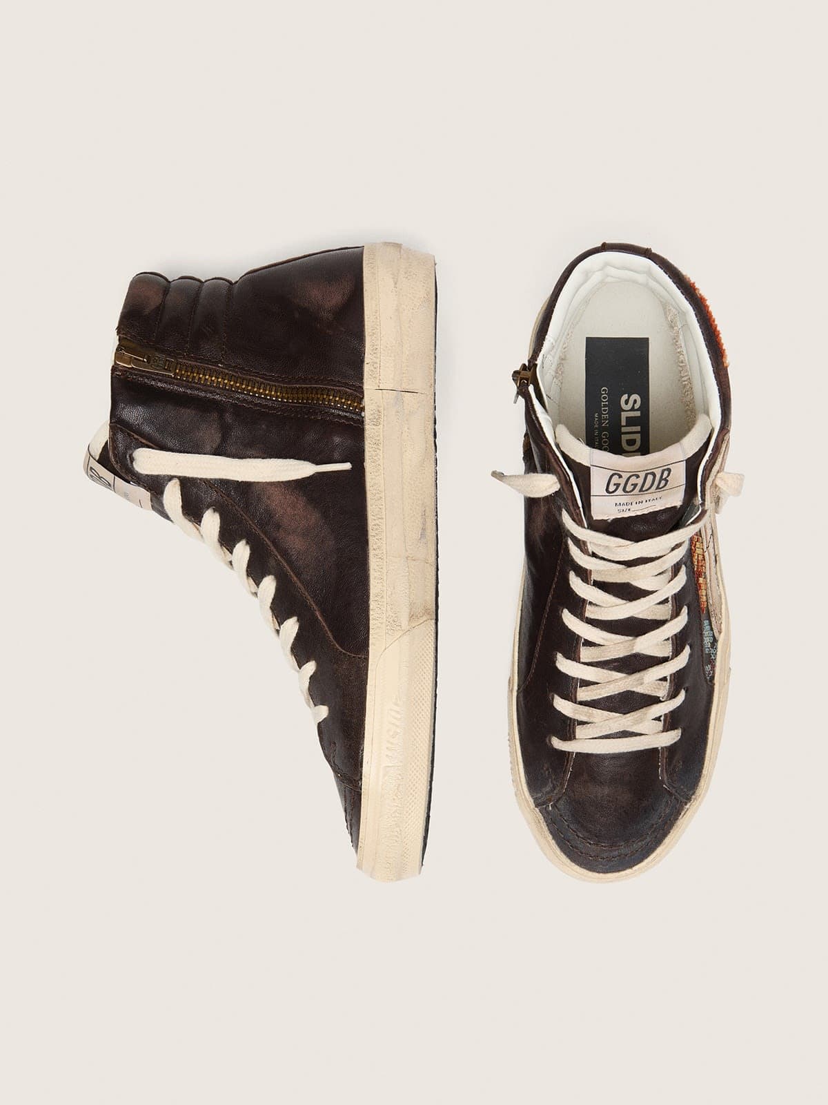 Golden Goose Womens Slide In Ebony Leather With Cream Star And Multicolor Embroidery Womens