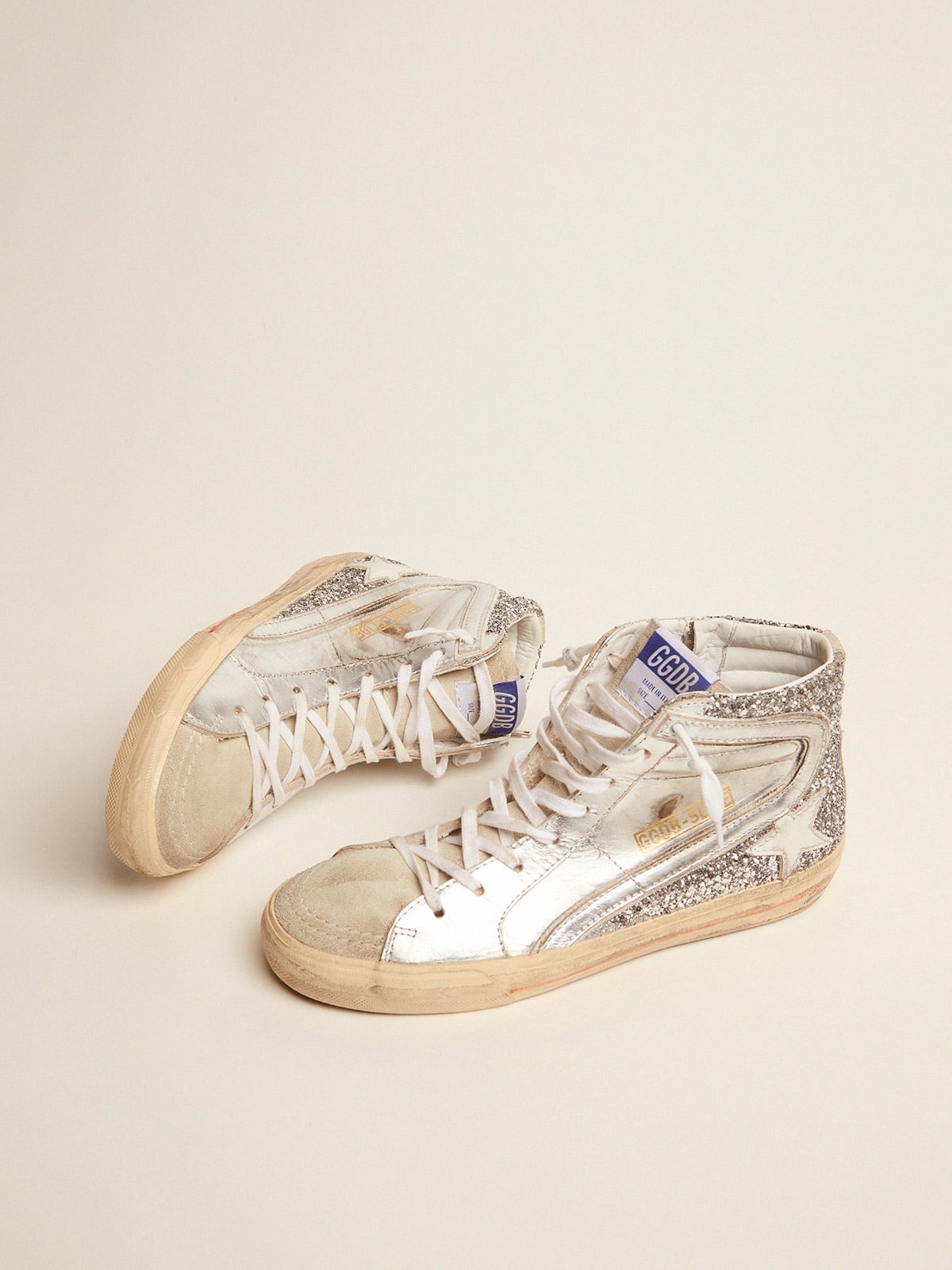 Golden Goose Womens Slide With Laminated Leather Upper And Silver Glitter Womens