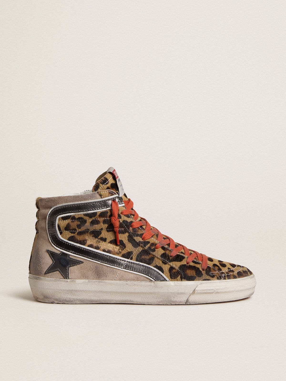 Golden Goose Womens Slide Ltd In Leopard-Print Pony Skin With Metallic Leather Star And Flash Womens