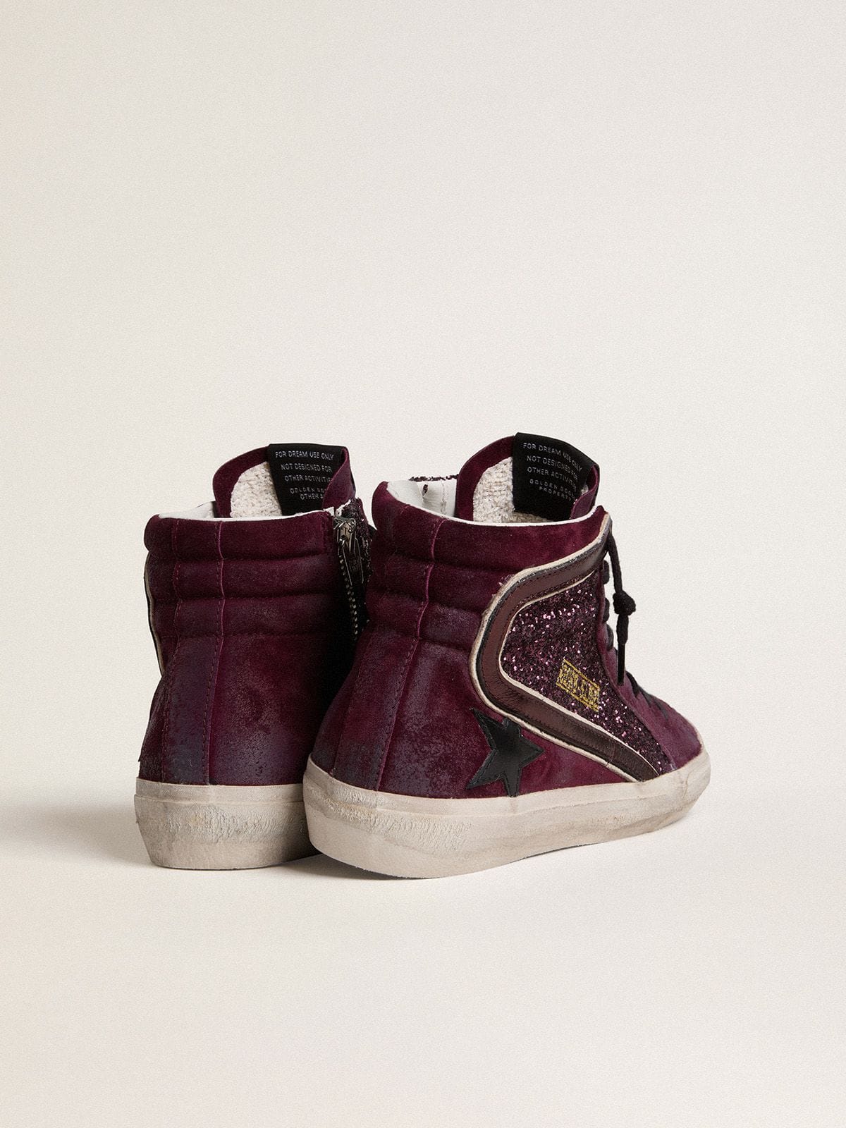 Golden Goose Womens Slide In Black Cherry Glitter And Suede With Leather Star And Metallic Leather Flash Womens