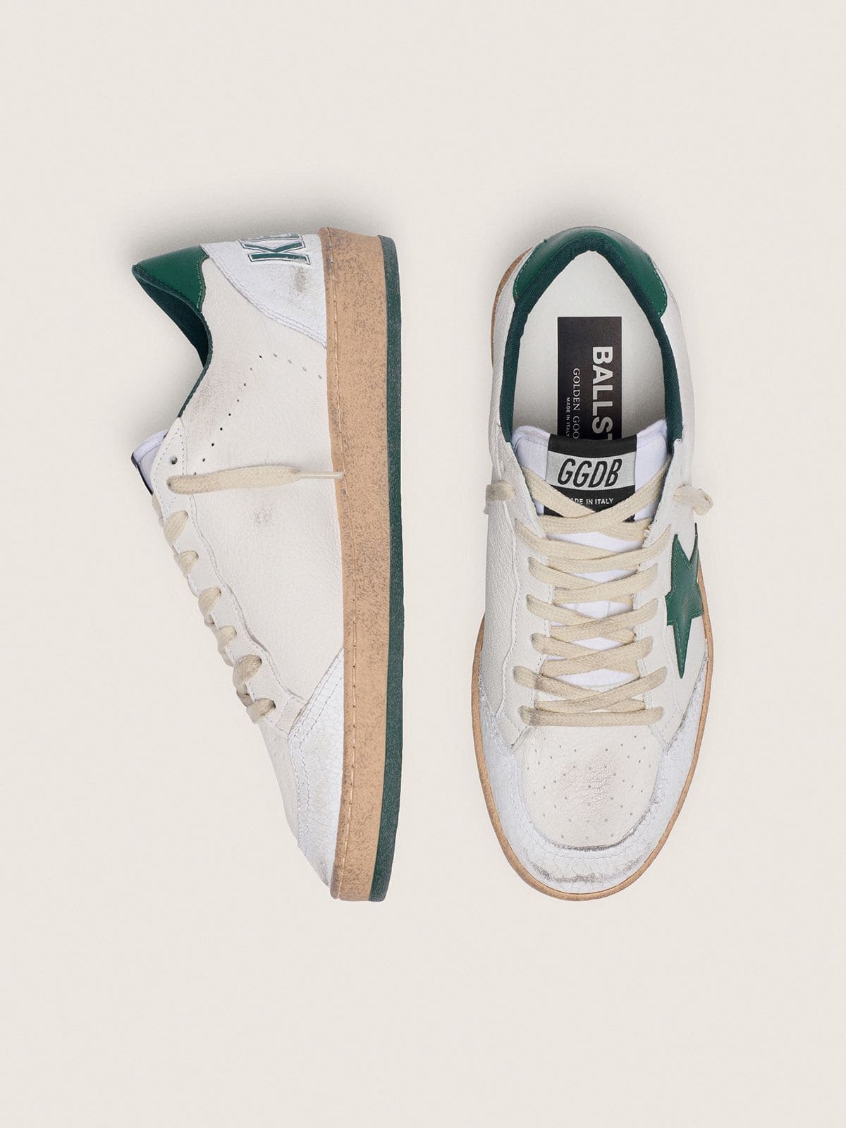 Golden Goose Womens Ball Star In White Nappa Leather With Green Leather Star And Heel Tab Womens