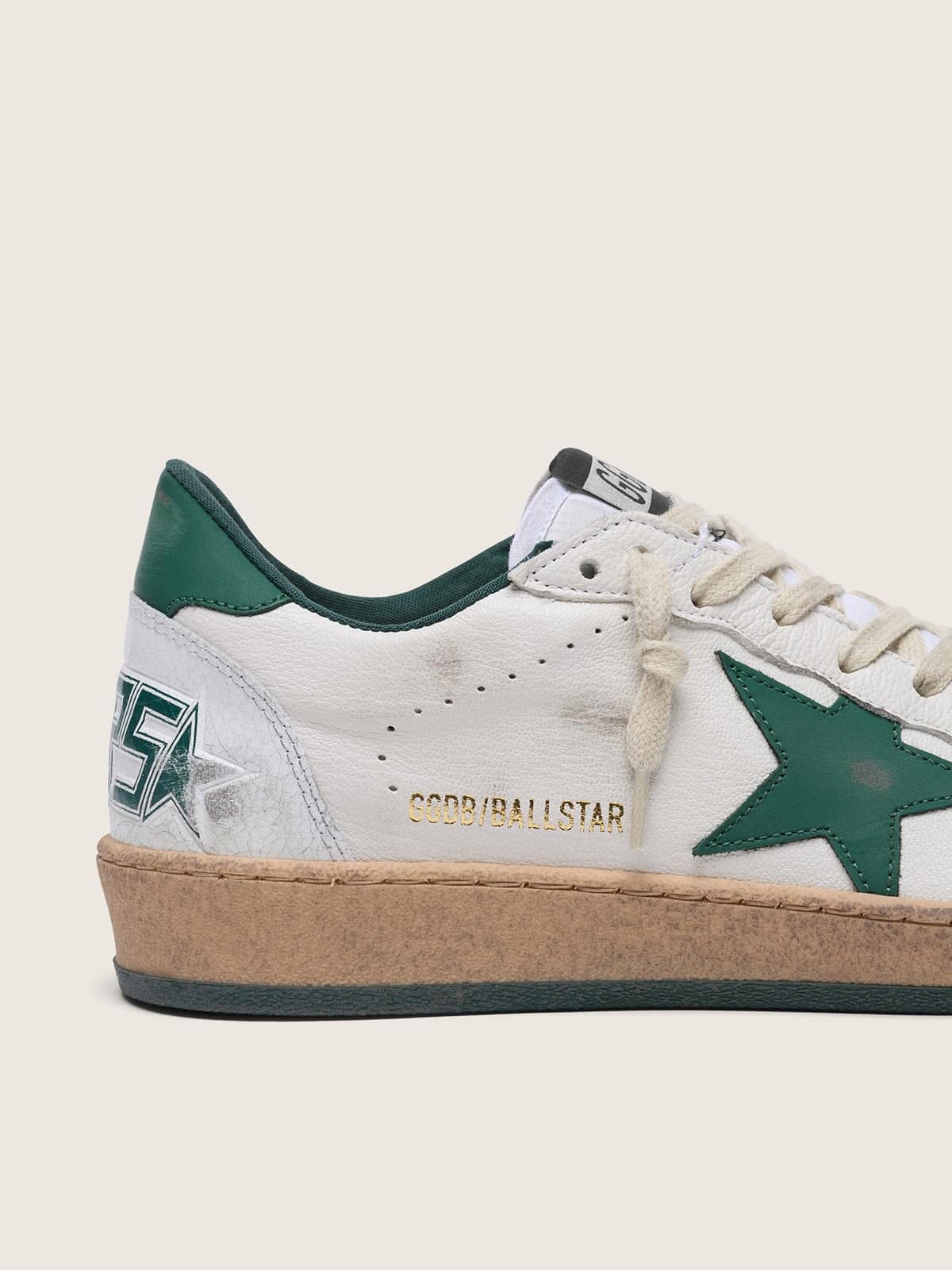 Golden Goose Womens Ball Star In White Nappa Leather With Green Leather Star And Heel Tab Womens
