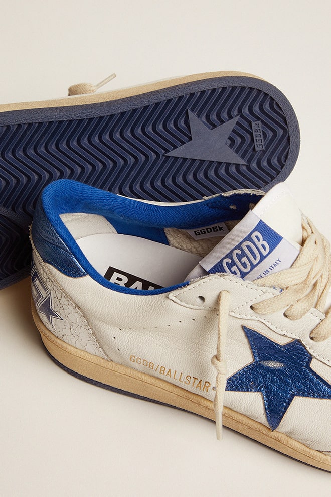 Golden Goose Womens Ball Star In White Nappa With Bright Blue Metallic Leather Star And Heel Tab Womens