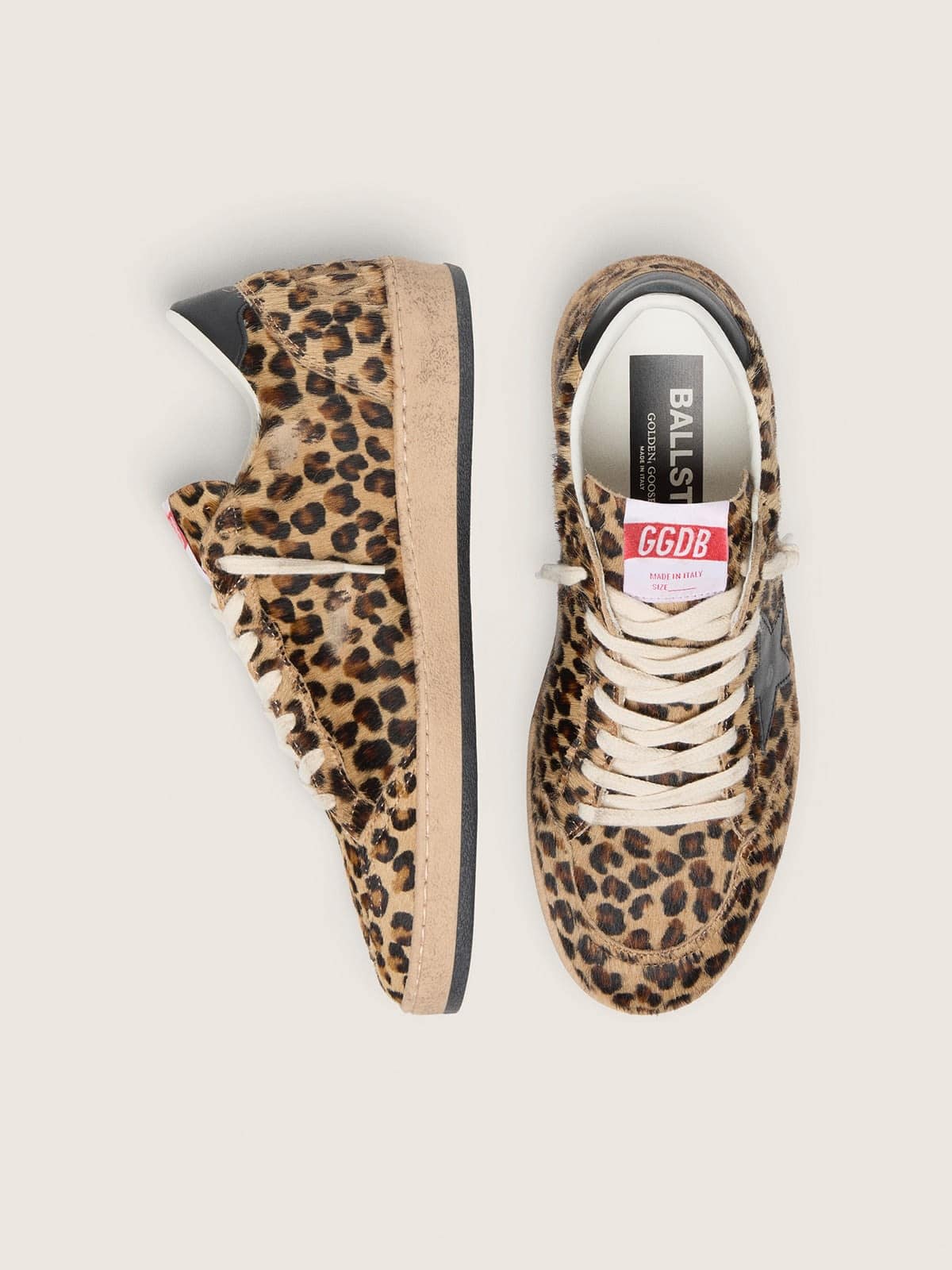 Golden Goose Womens Ball Star In Leo-Print Pony Skin, Black Leather Star & Heel Tab Womens