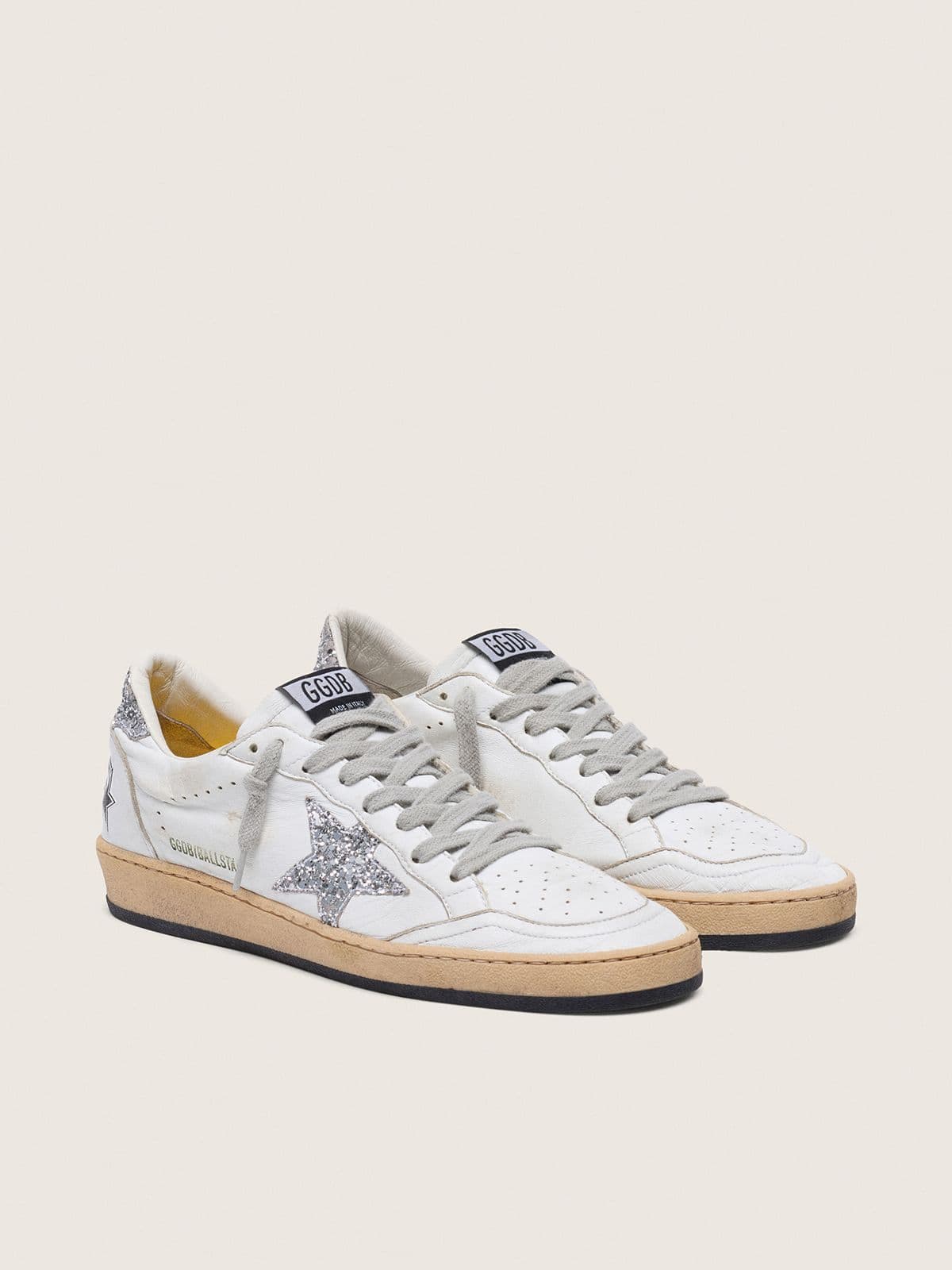 Golden Goose Womens Ball Star In Nappa With Silver Glitter Star And Heel Tab Womens