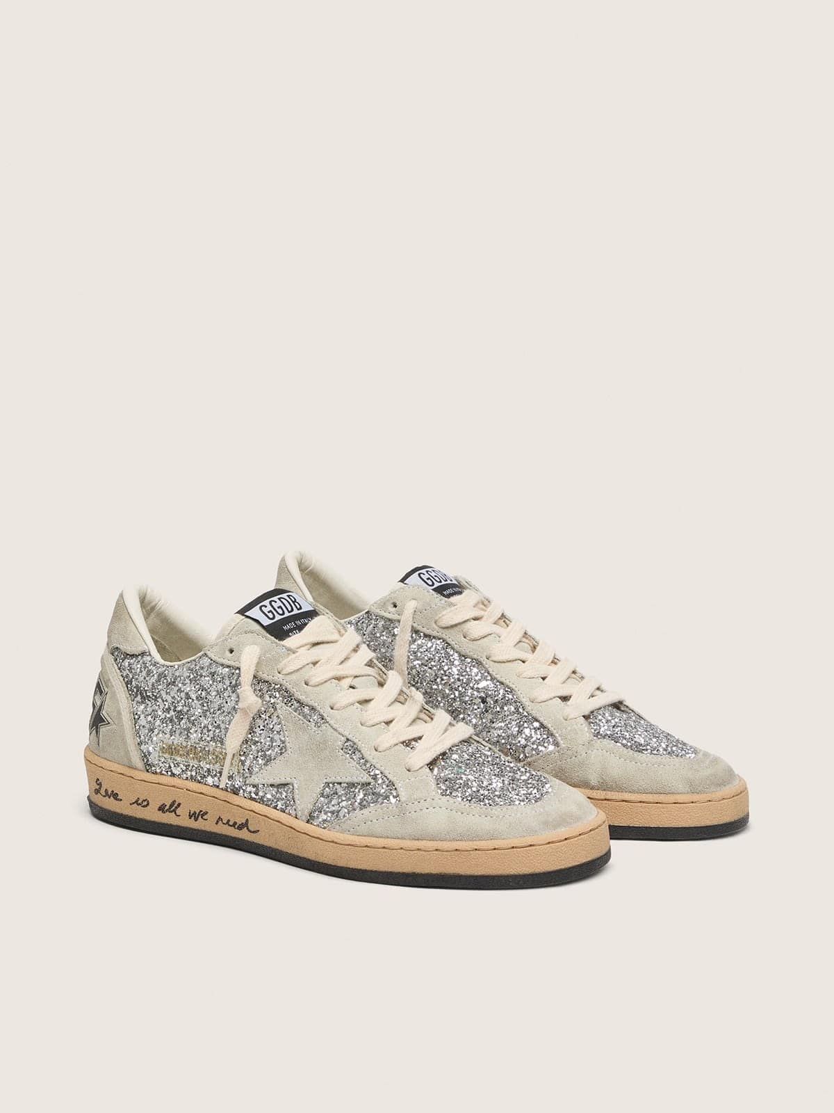 Golden Goose Womens Ball Star In Silver Glitter With Ice-Gray Suede Inserts Womens