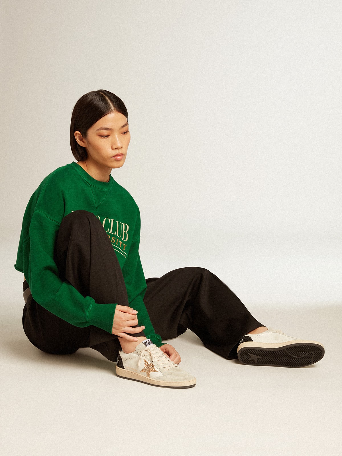Golden Goose Womens Ball Star In Nappa And Suede With Glitter Star And Black Heel Tab Womens