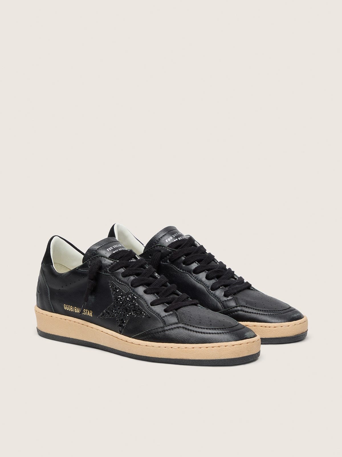 Golden Goose Womens Ball Star In Black Nappa With Black Glitter Star And Suede Heel Tab Womens