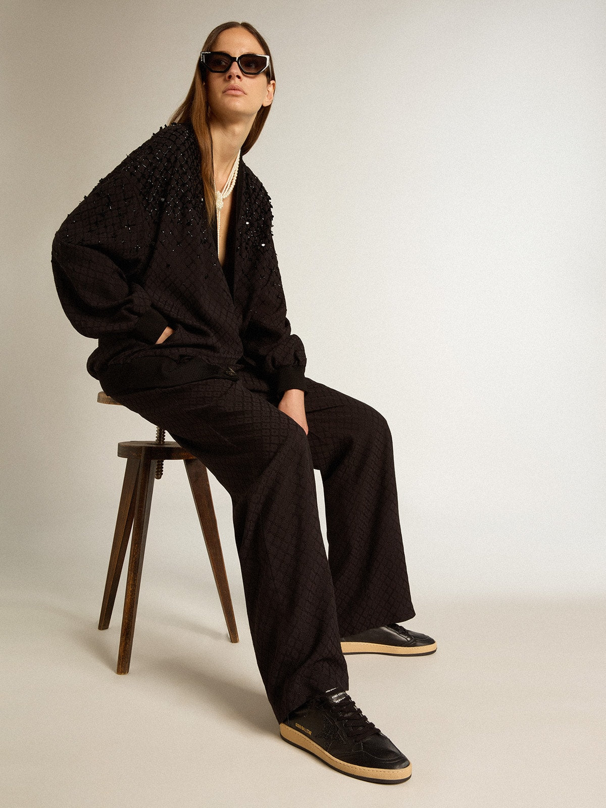 Golden Goose Womens Ball Star In Black Nappa With Black Glitter Star And Suede Heel Tab Womens