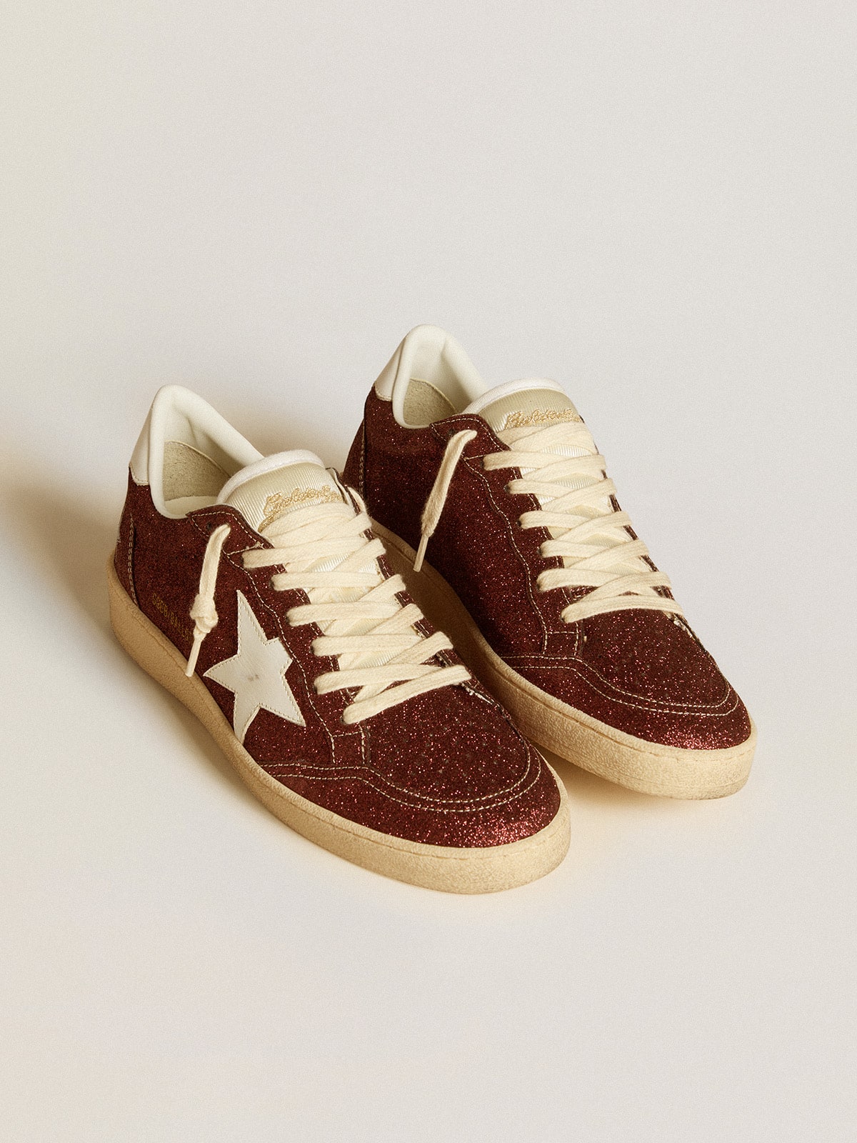Golden Goose Ball Star In Burgundy Glitter With White Leather Star And Heel Tab Womens