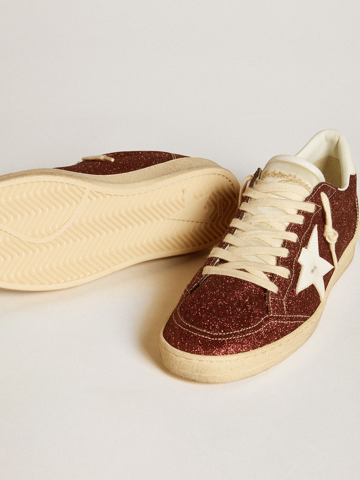 Golden Goose Ball Star In Burgundy Glitter With White Leather Star And Heel Tab Womens