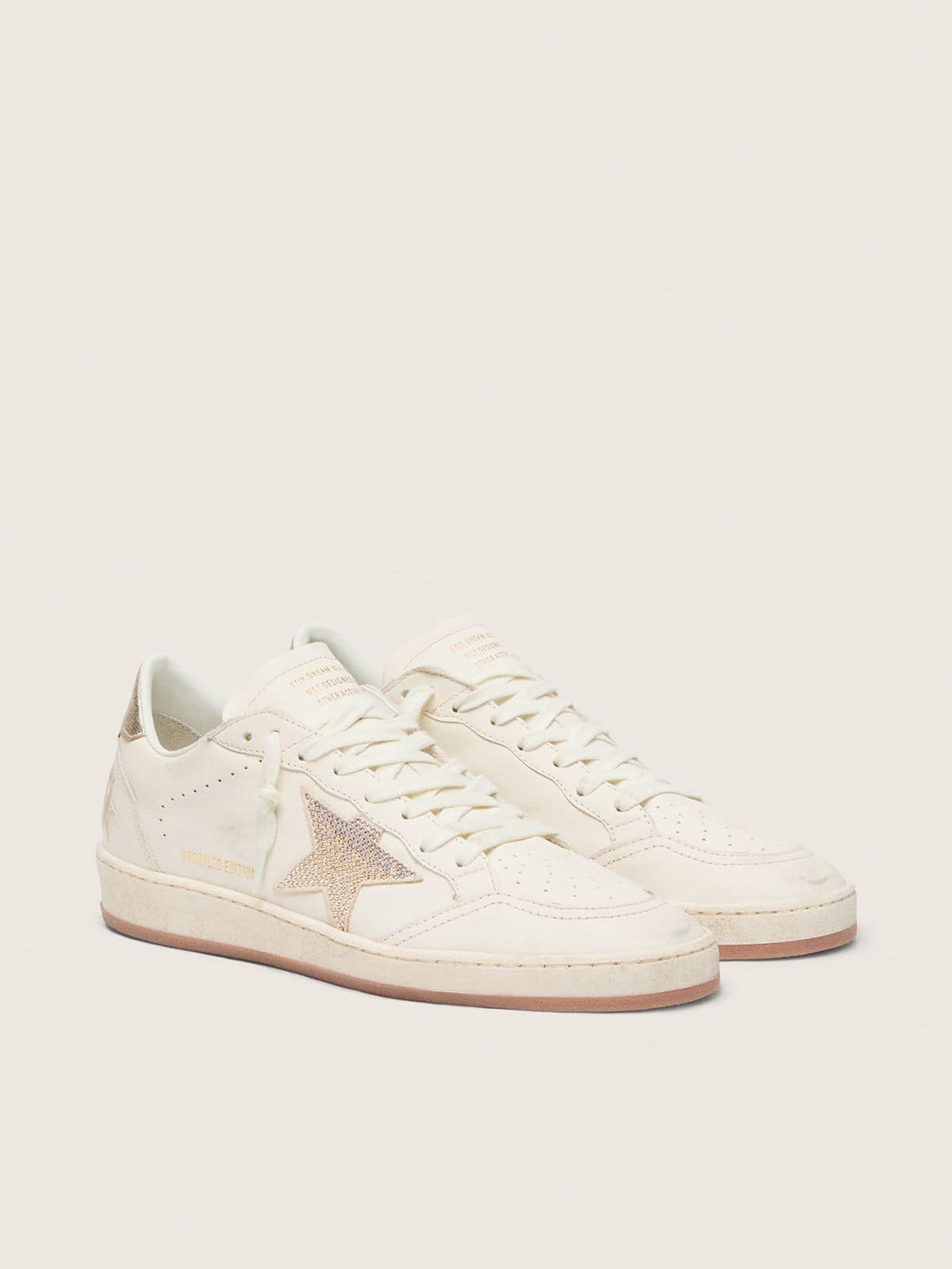 Golden Goose Womens Ball Star In White Leather With Crystal Star And Metallic Heel Tab Womens