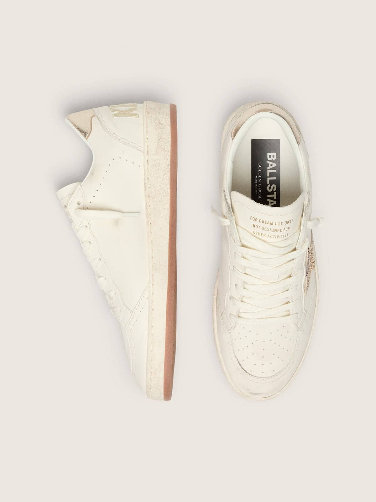 Golden Goose Womens Ball Star In White Leather With Crystal Star And Metallic Heel Tab Womens