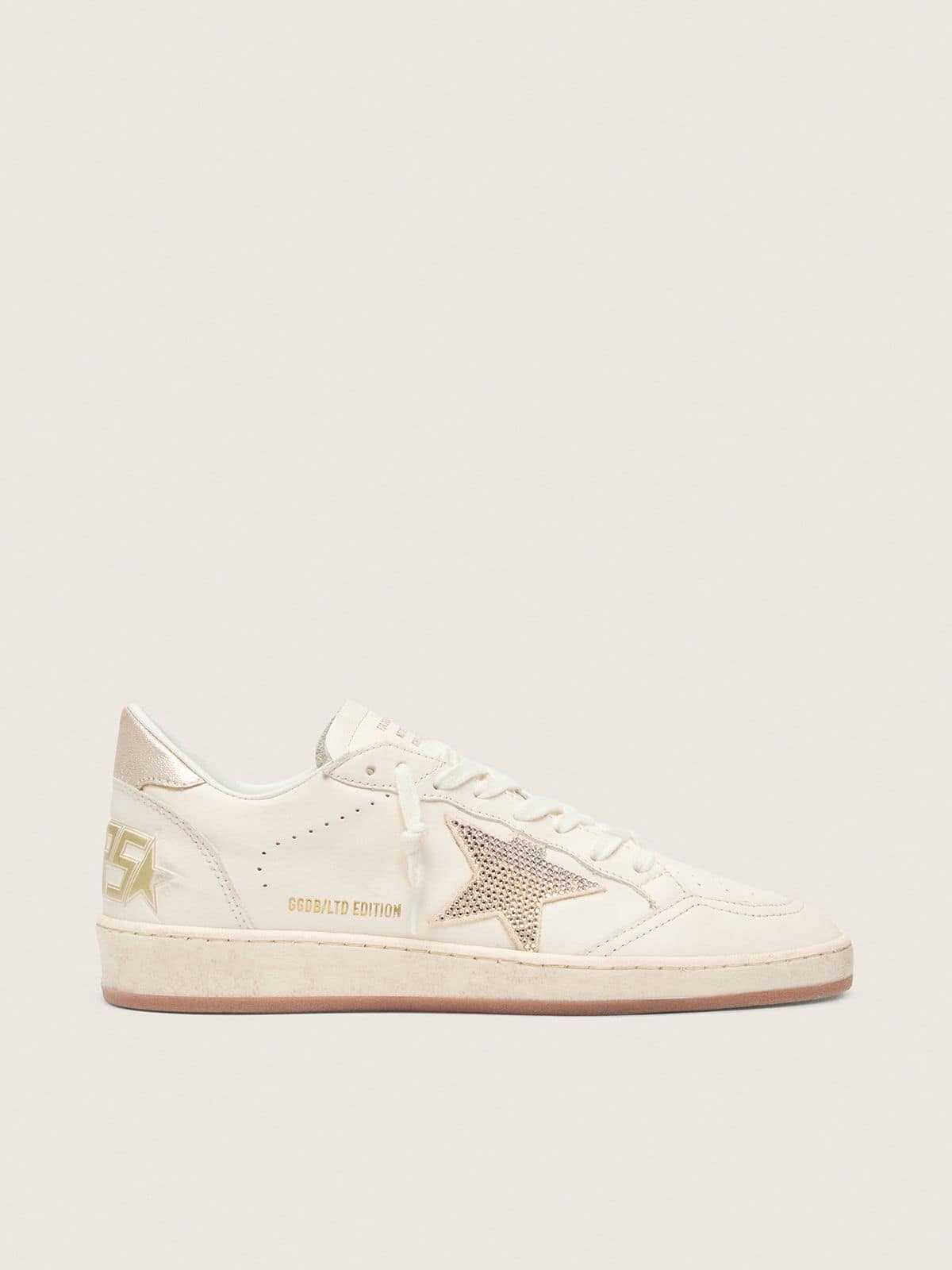Golden Goose Womens Ball Star In White Leather With Crystal Star And Metallic Heel Tab Womens