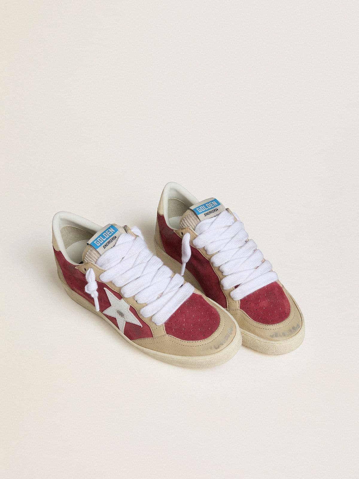 Golden Goose Womens Ball Star In Red Suede With White Crackle Suede Star And Platinum Leather Heel Tab Womens