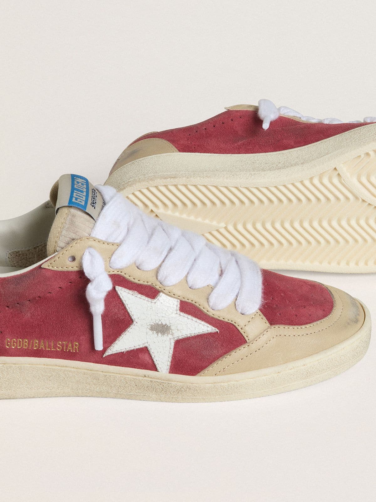 Golden Goose Womens Ball Star In Red Suede With White Crackle Suede Star And Platinum Leather Heel Tab Womens