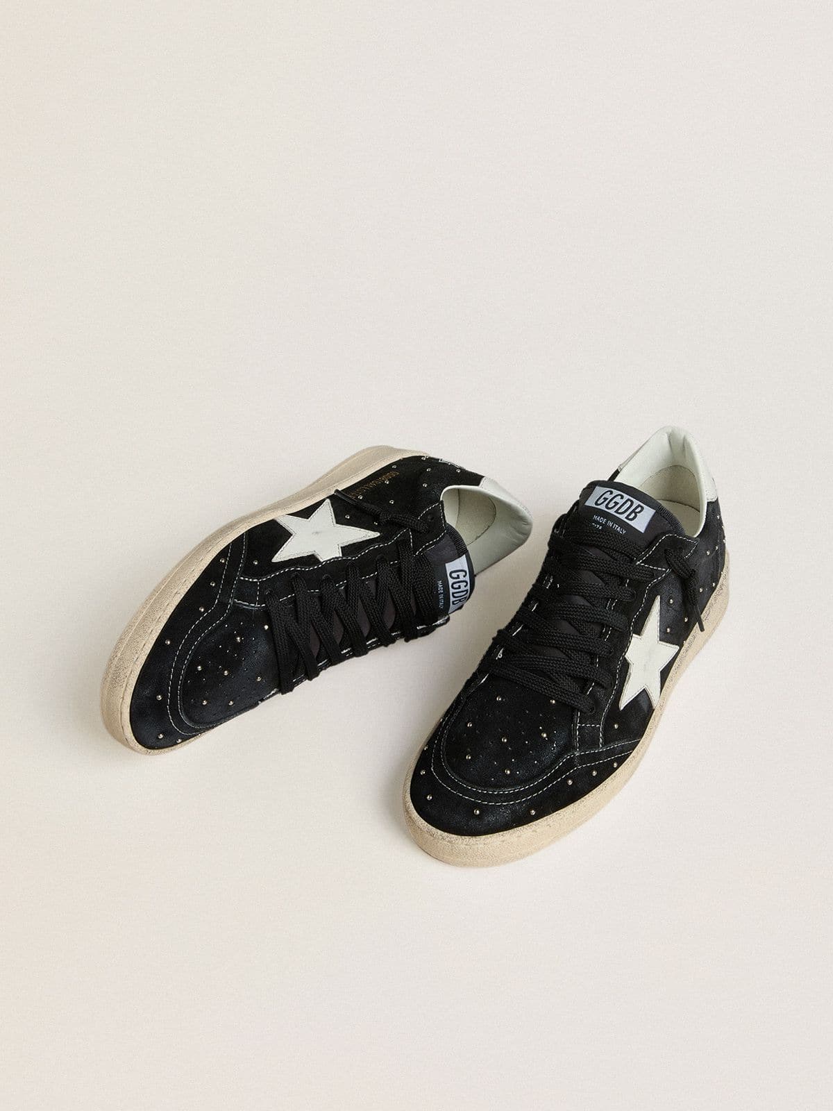 Golden Goose Womens Ball Star In Black Suede With Studs And White Leather Star Womens