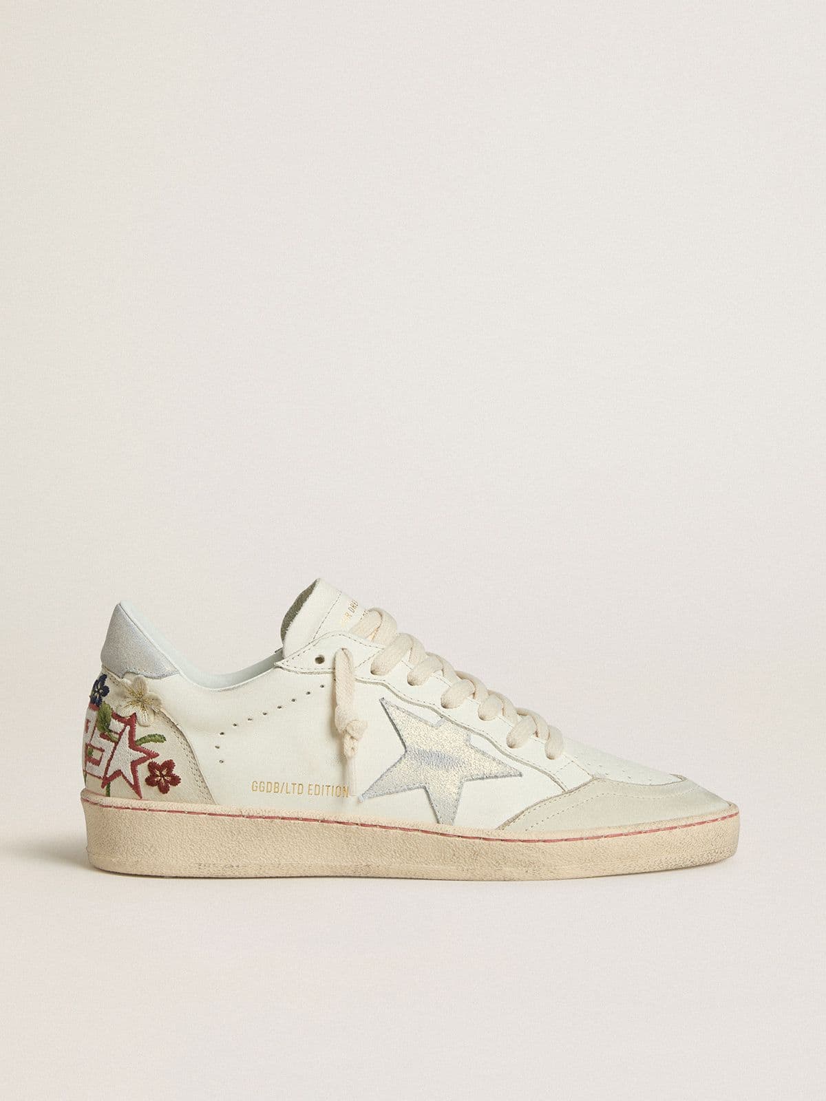 Golden Goose Womens Ball Star In Leather With Platinum Suede Star And Multicolor Floral Embroidery Womens