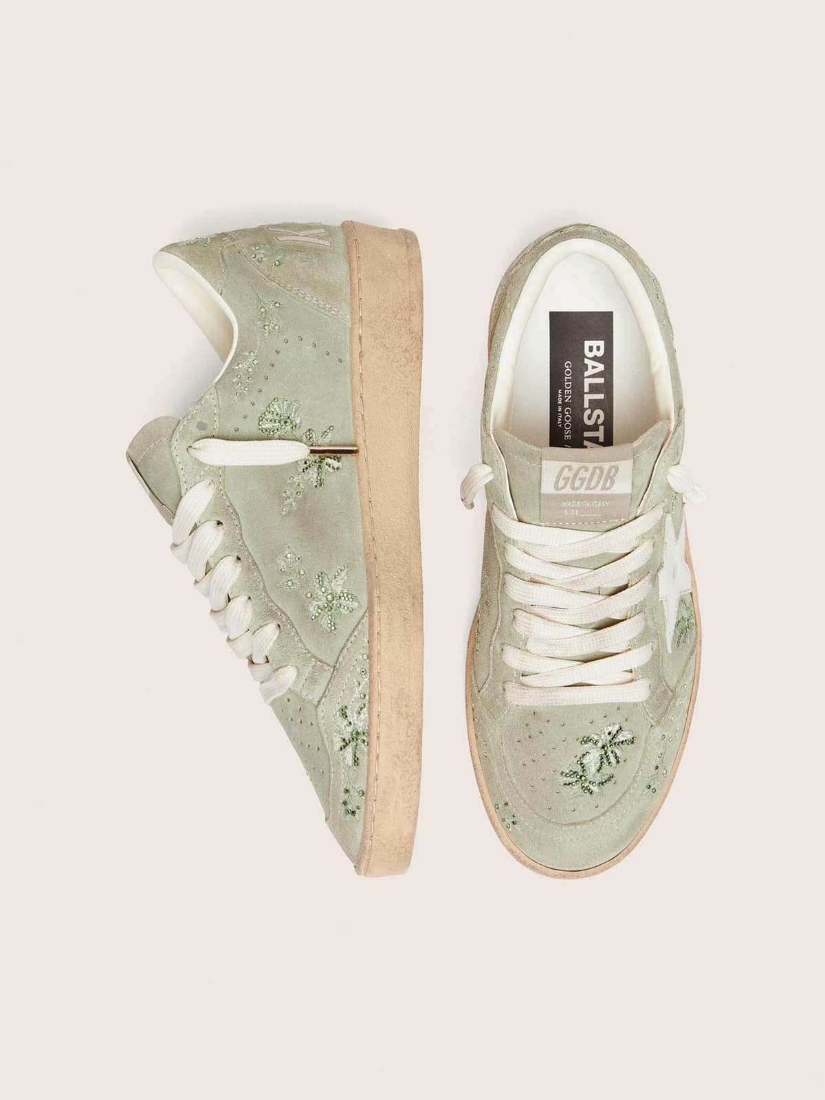 Golden Goose Womens Ball Star In Sage-Green Suede With White Leather Star And Tone-On-Tone Swarovski Floral Embroidery Womens