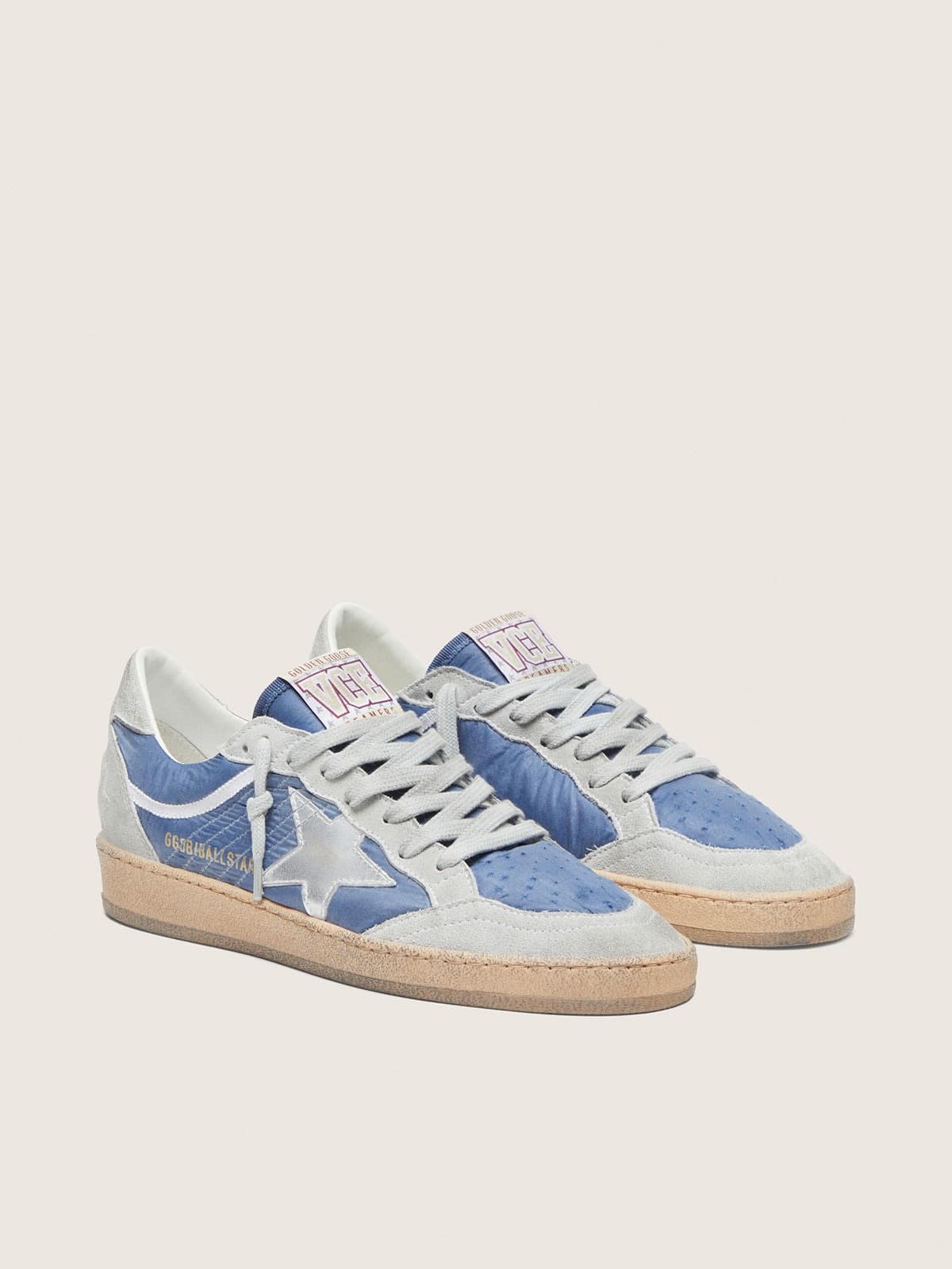 Golden Goose Womens Ball Star In Denim-Blue Nylon With Light Gray Suede Inserts And Metallic Silver Leather Star Womens
